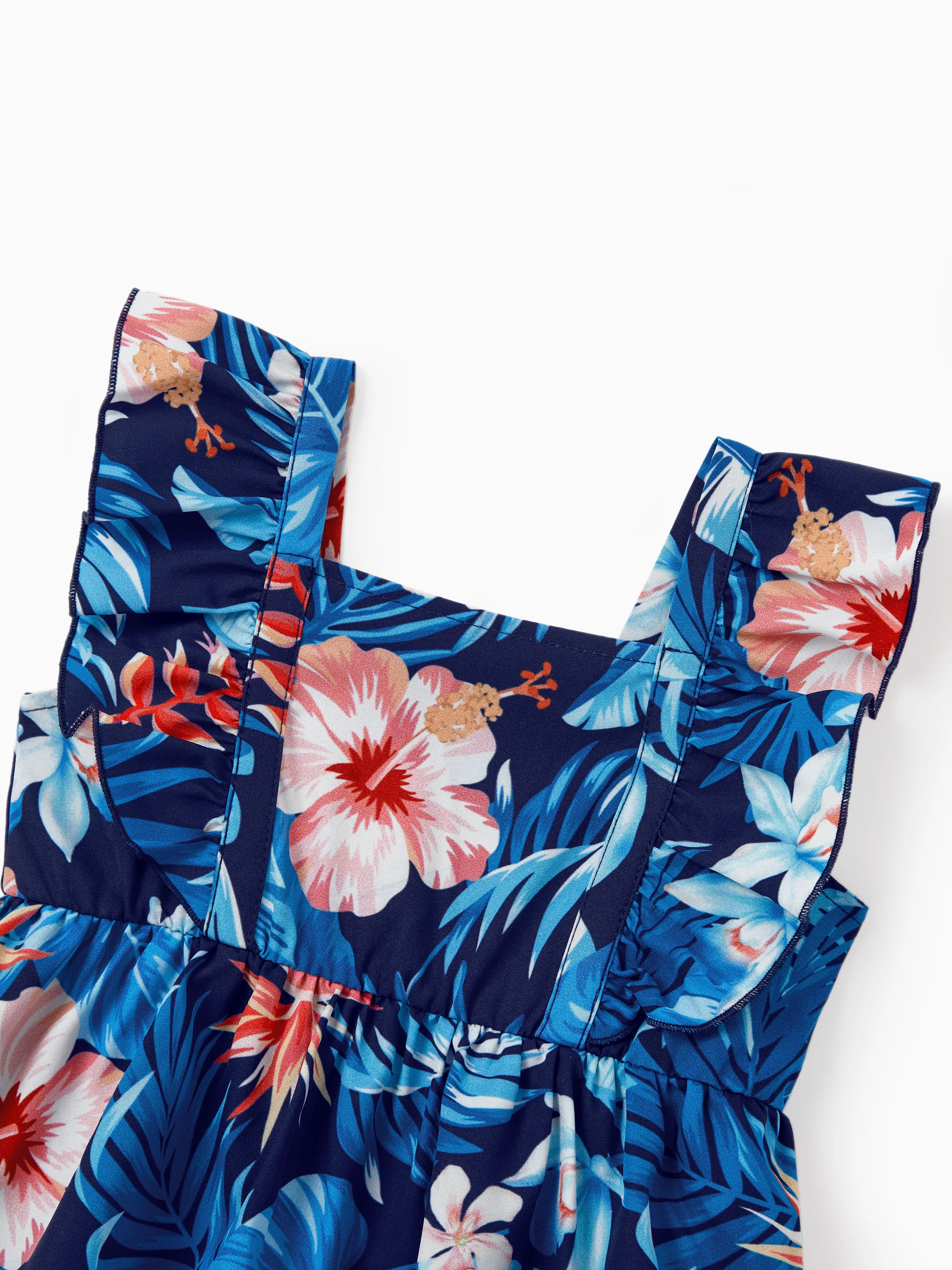 Mommy & me Vacation Set Tropical Floral Print Shirt or Halter Dresses for Dad, Mom, Kids & Baby, Perfect for Summer Holidays & Family Photos Deep Blue - Image 16