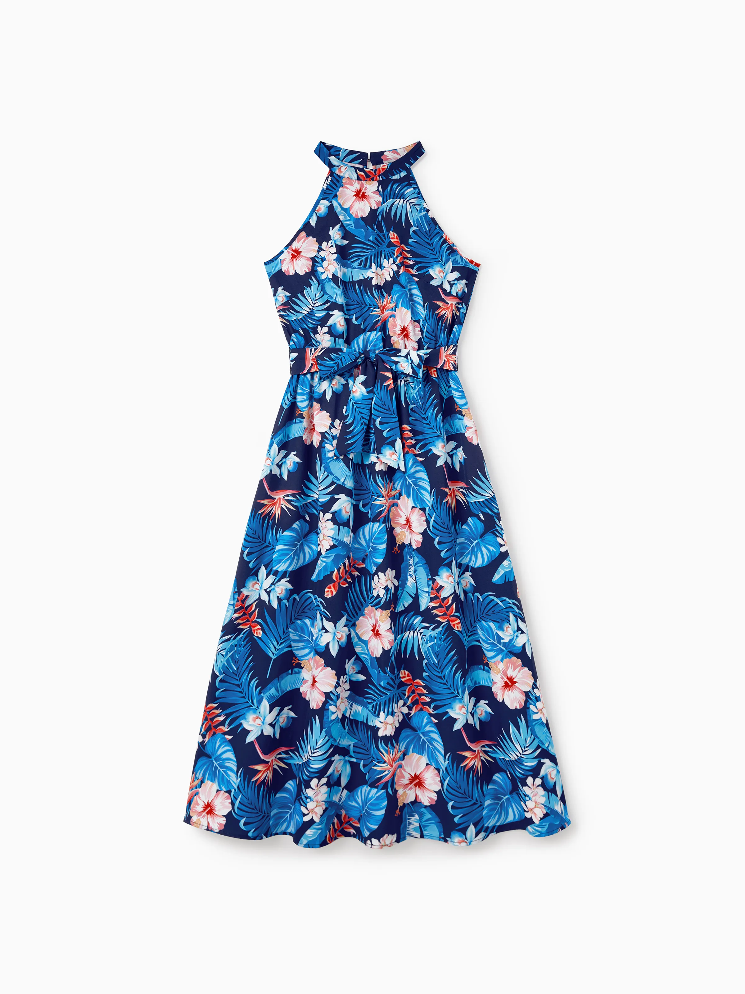 Mommy & me Vacation Set Tropical Floral Print Shirt or Halter Dresses for Dad, Mom, Kids & Baby, Perfect for Summer Holidays & Family Photos Deep Blue - Image 4