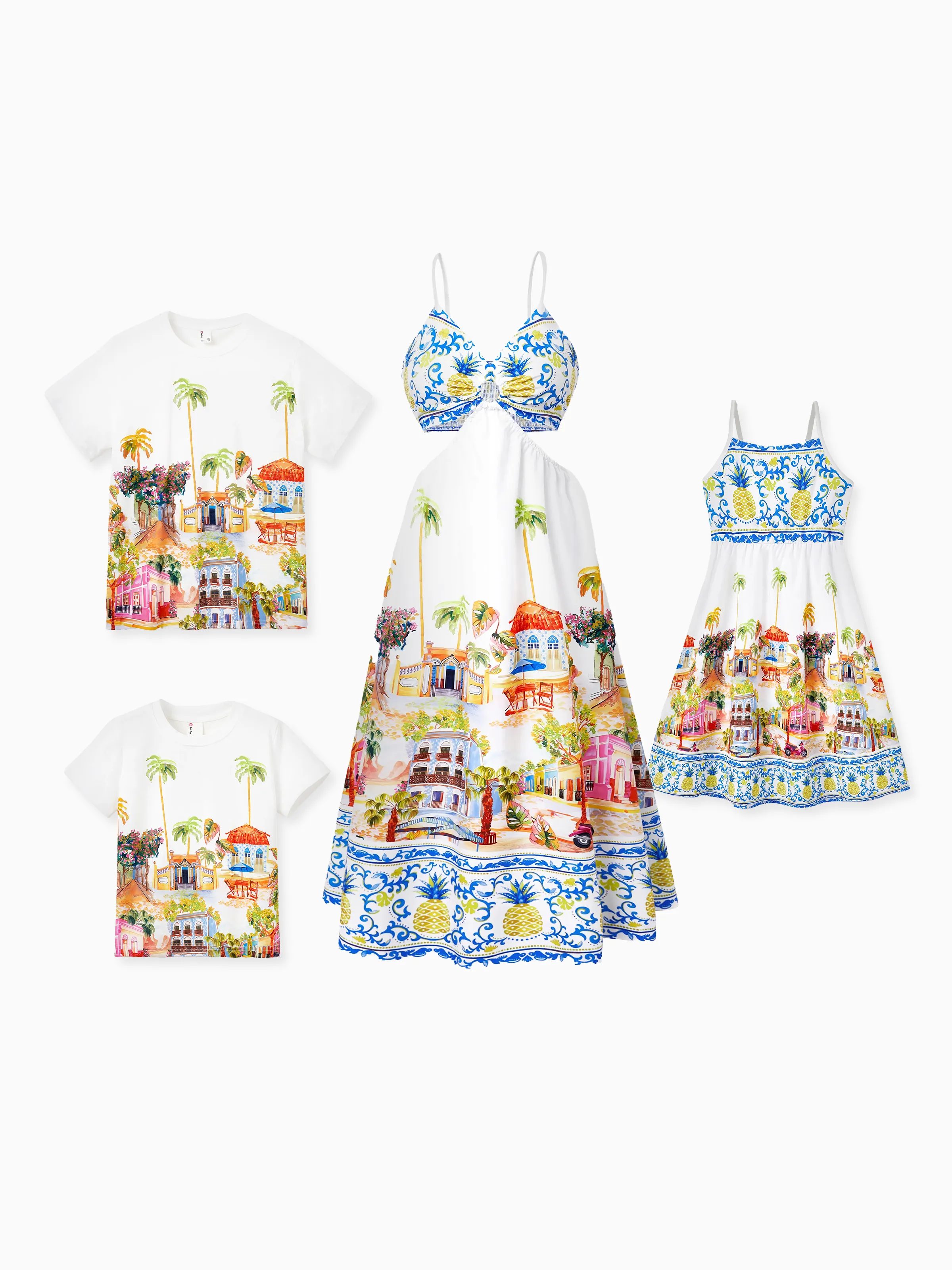 Mommy & me Vacation Set Tropical Pineapple Coconut Tree Print Short-sleeve T-shirt or Hollow out Strap Dress for Summer Vacation White - Image 3