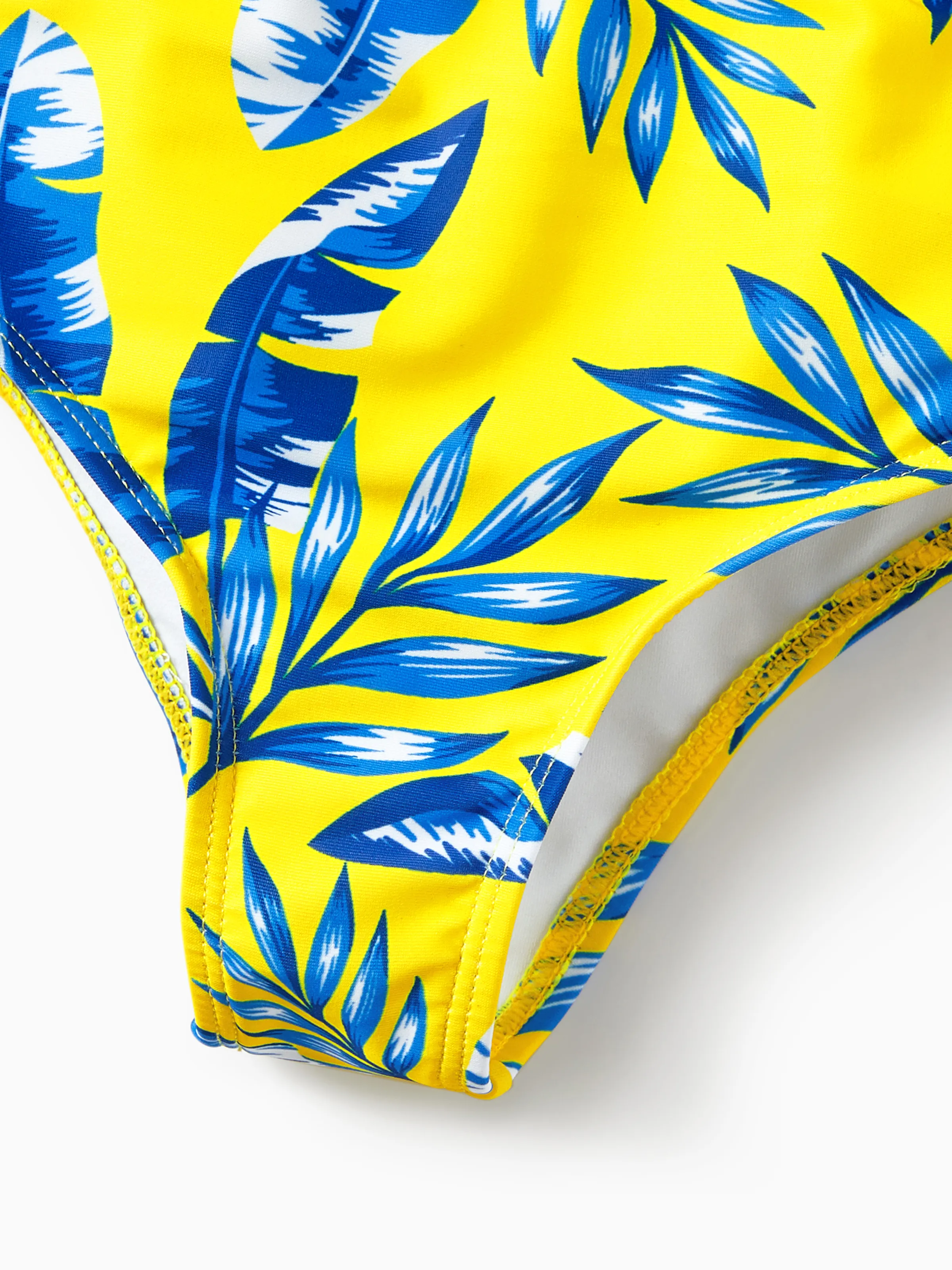 Mommy & me Yellow Leaf Print Ruched Flutter Sleeve Bikini with Optional Swim Cover Up Yellow - Image 12
