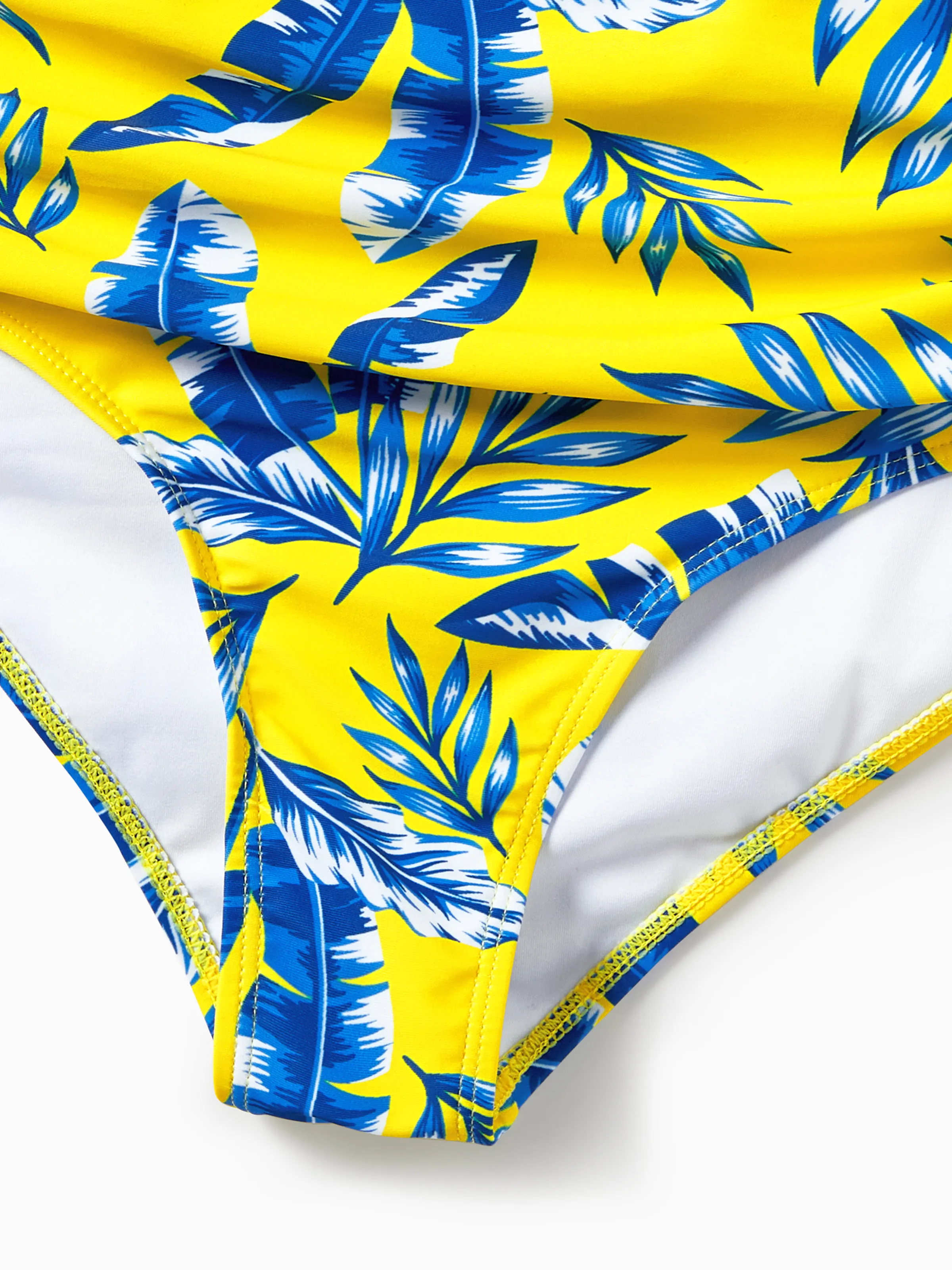 Mommy & me Yellow Leaf Print Ruched Flutter Sleeve Bikini with Optional Swim Cover Up Yellow - Image 6