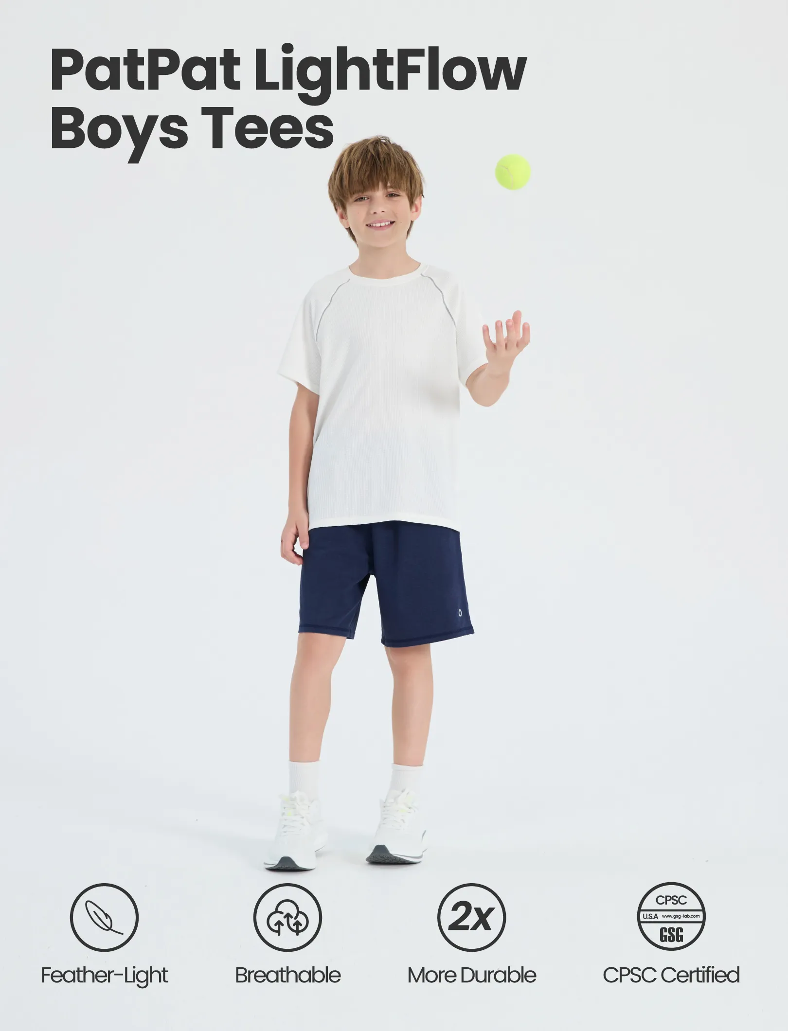 PatPat Lightflow Activewear Kid Boy Athletic Breathable Air-Grid Ultra Lightweight Short Sleeve T-Shirt White - Image 2