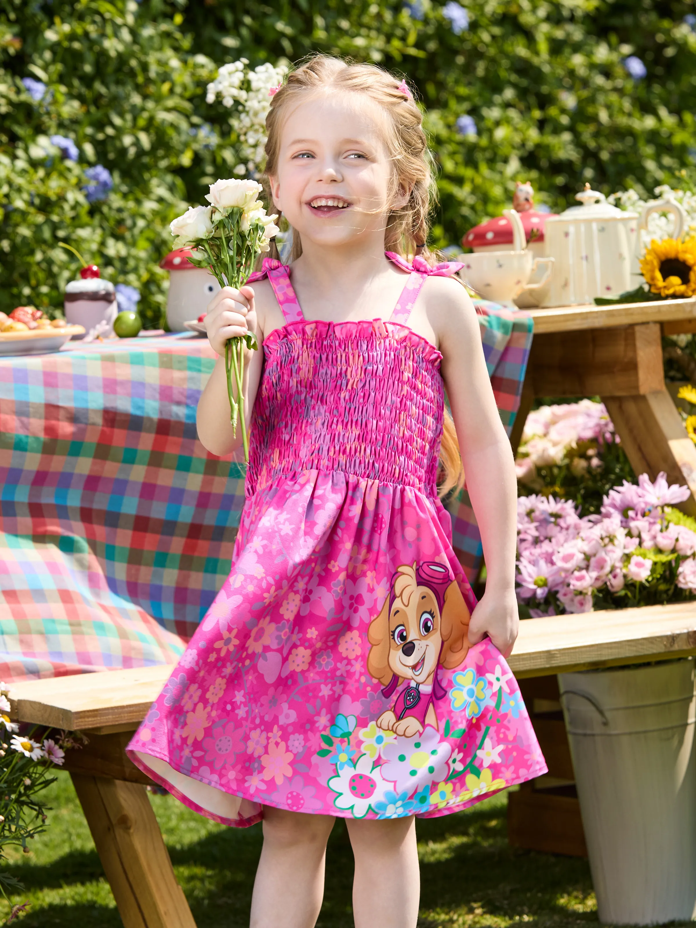 PAW Patrol Toddler Girl 1pc Skye Floral Print Bowknot Smocking Dress Hot Pink - Image 2