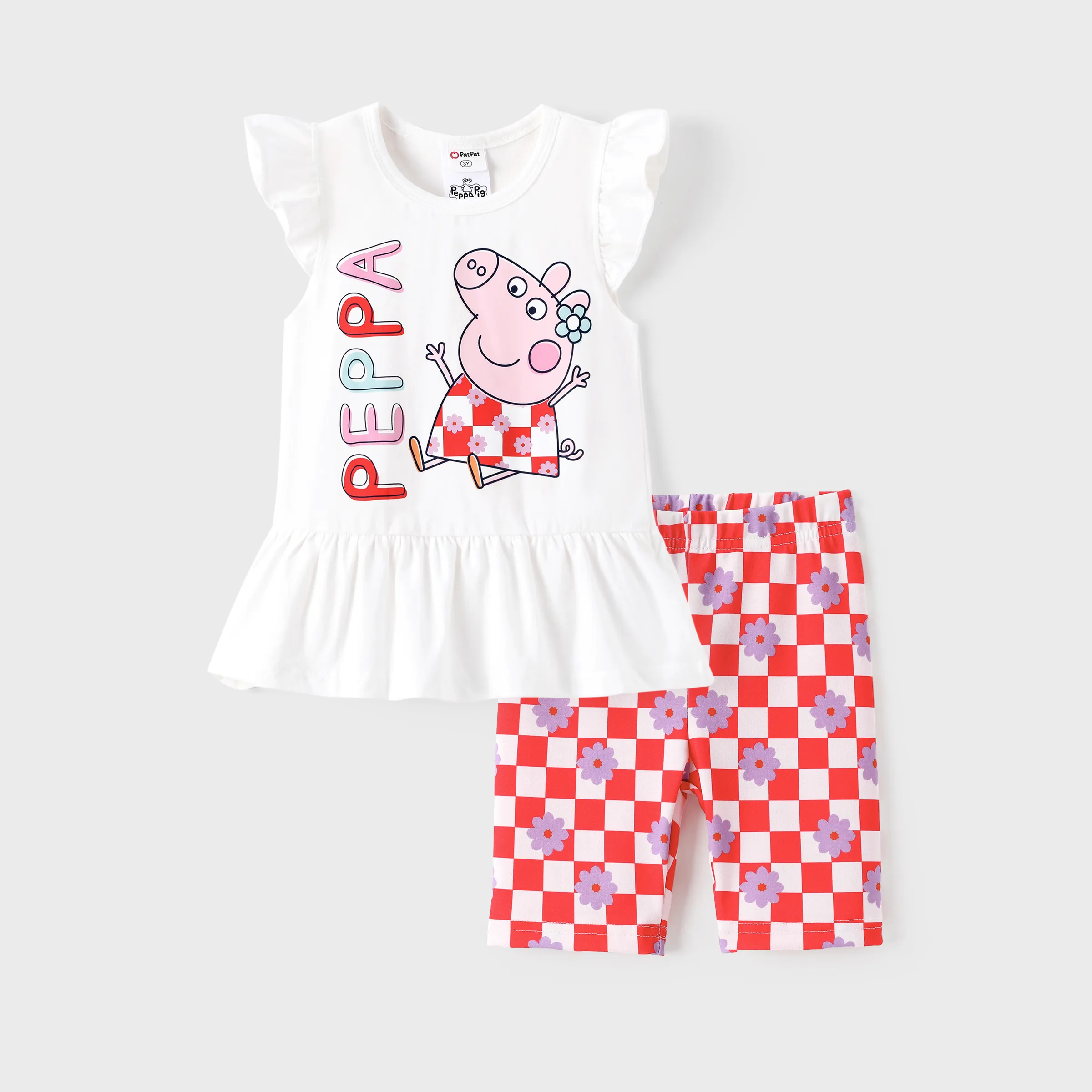 Peppa Pig Toddler Girl 2pcs Cotton Ruffle-sleeve Top and Naia™ Floral Plaid Leggings Set White - Image 9