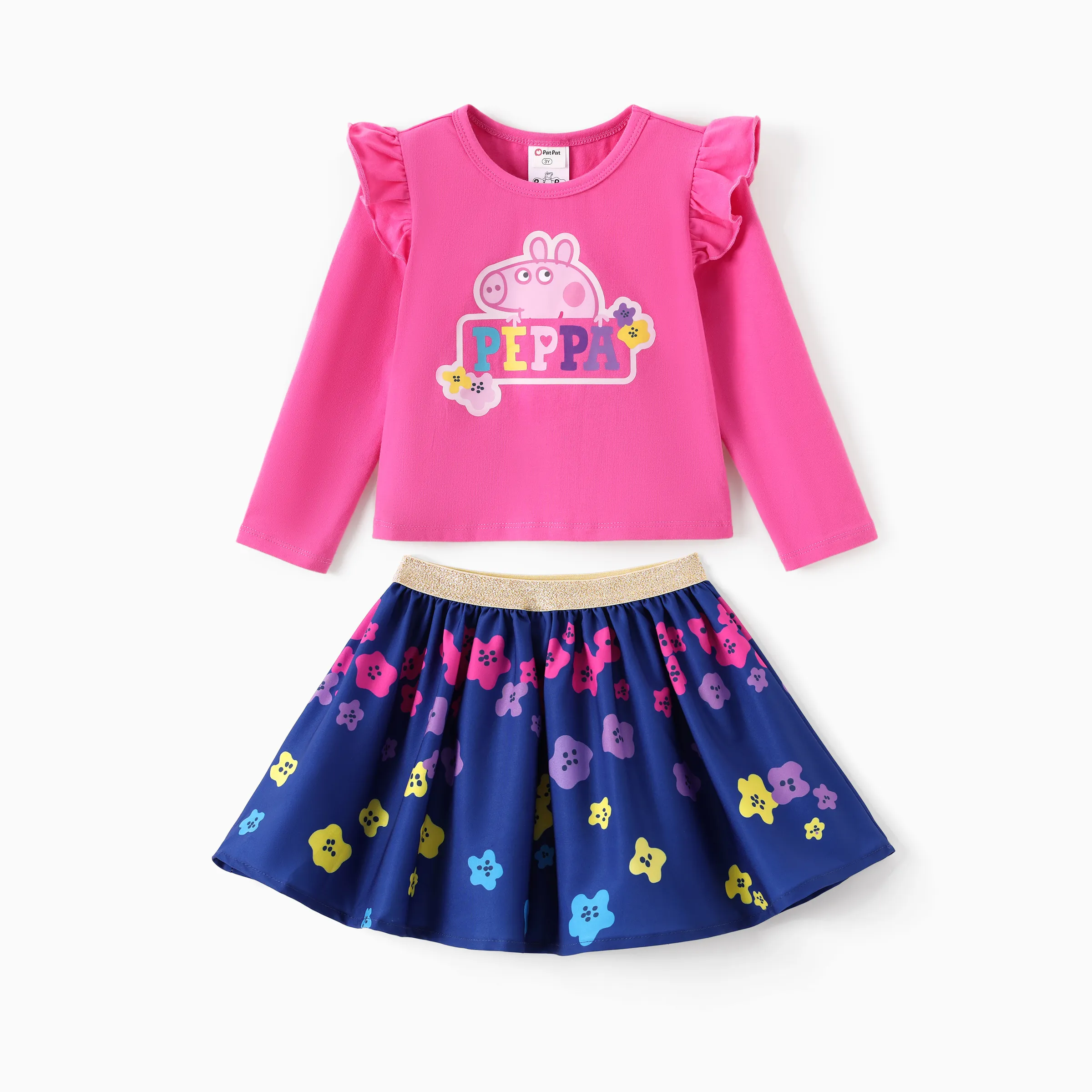 Peppa Pig Toddler Girl 2pcs Strawberry Donuts Flutter Long-sleeve T-shirt with Skirt Set Hot Pink - Image 3