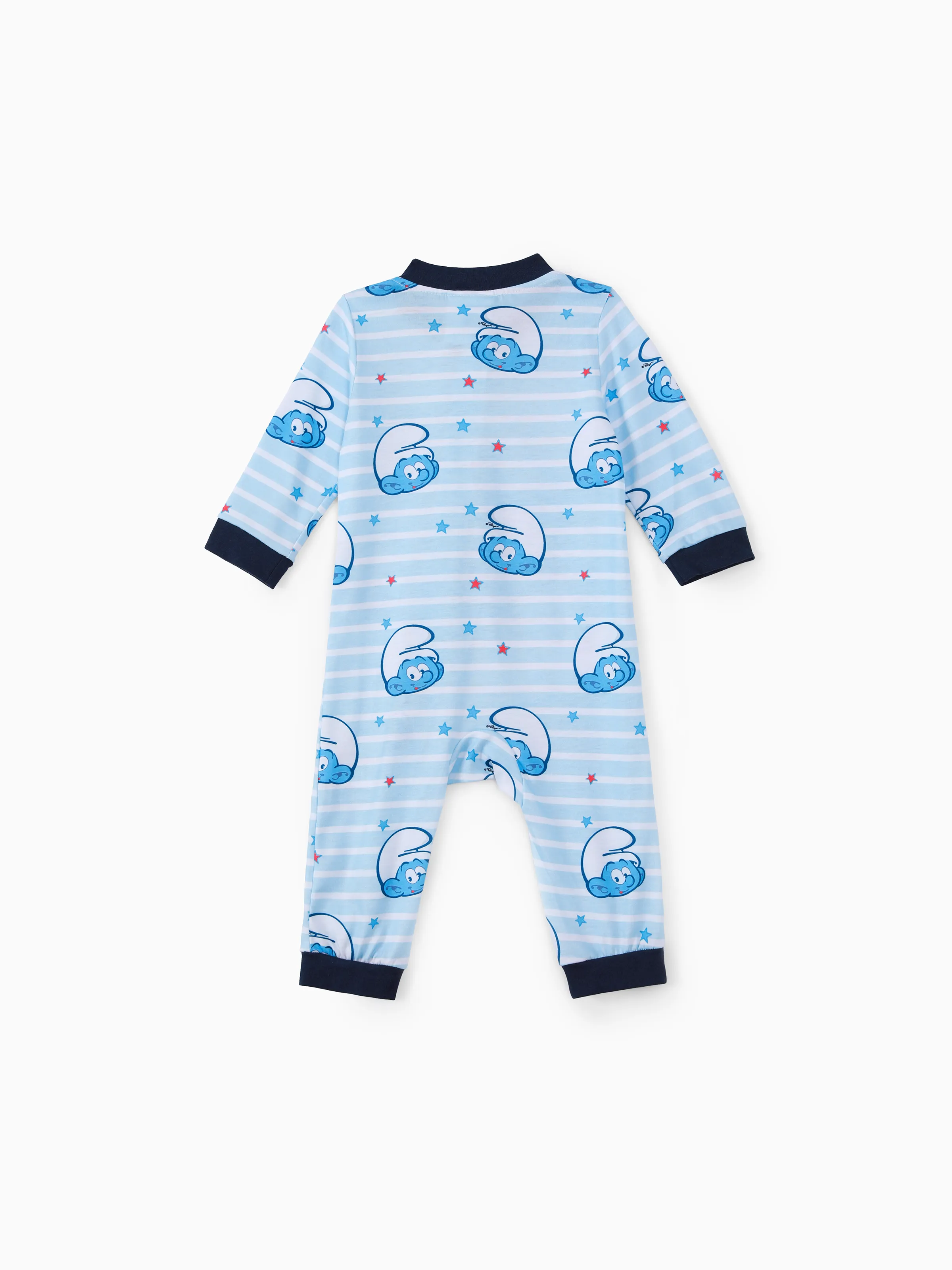 Smurfs Baby Boy Allover Print Striped Zipper Long-sleeve Jumpsuit Color block - Image 2