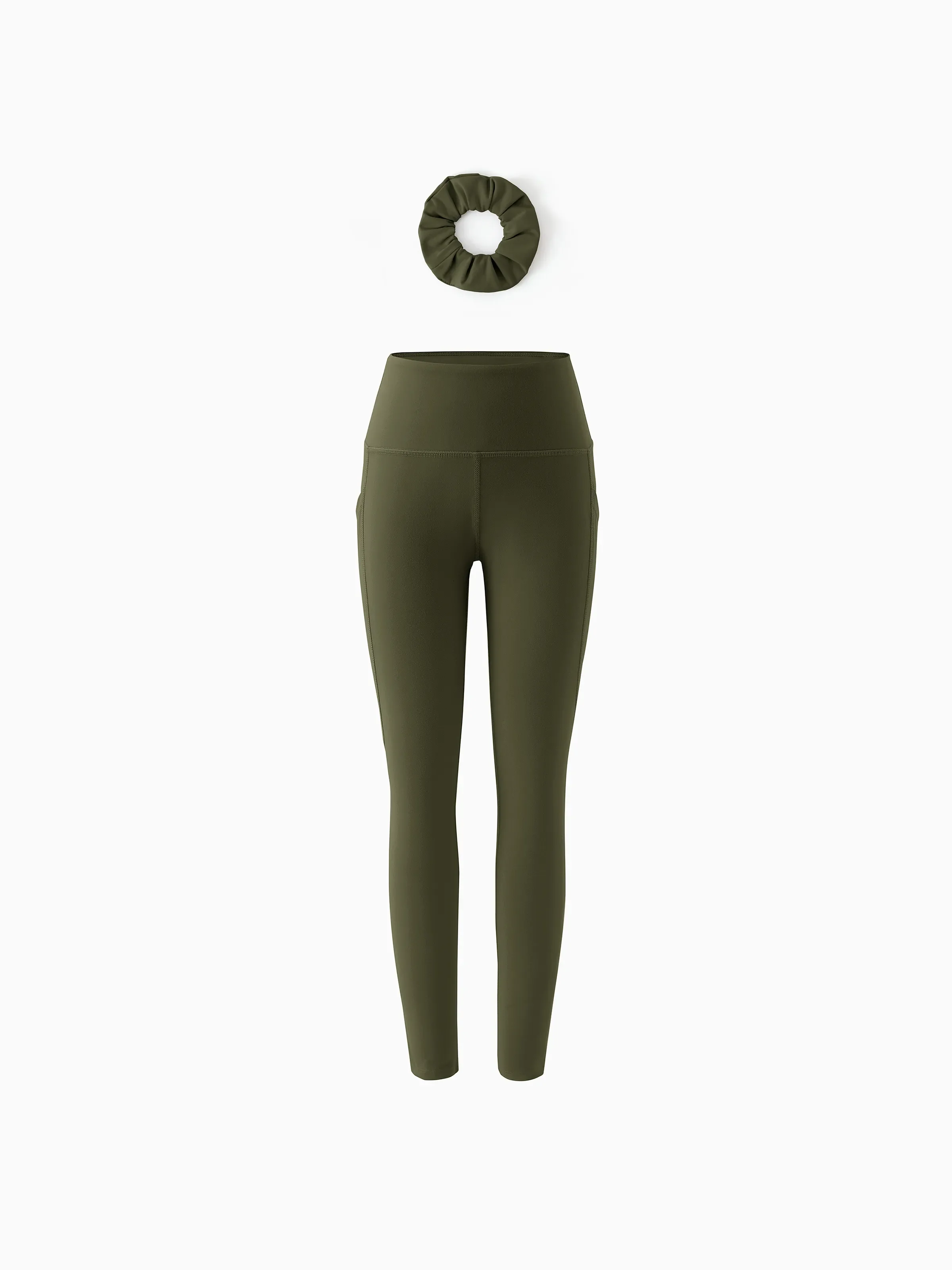 Girl's Leggings High-Waist Yoga Pants Solid Color Leggings with Complimentary Matching Scrunchie Army green - Image 2