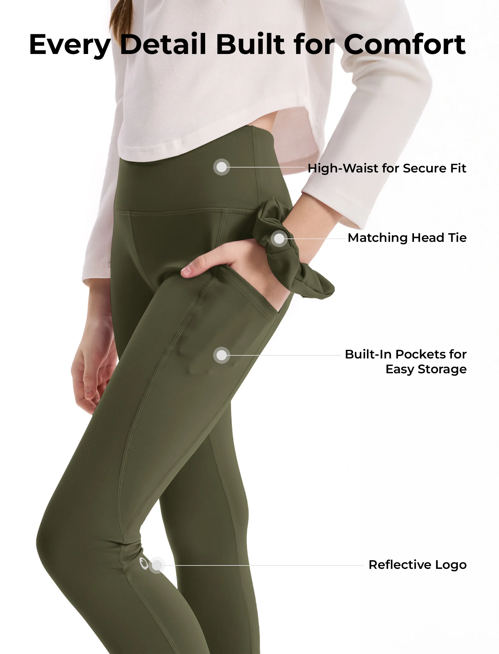 Girl's Leggings High-Waist Yoga Pants Solid Color Leggings with Complimentary Matching Scrunchie Army green - Image 8