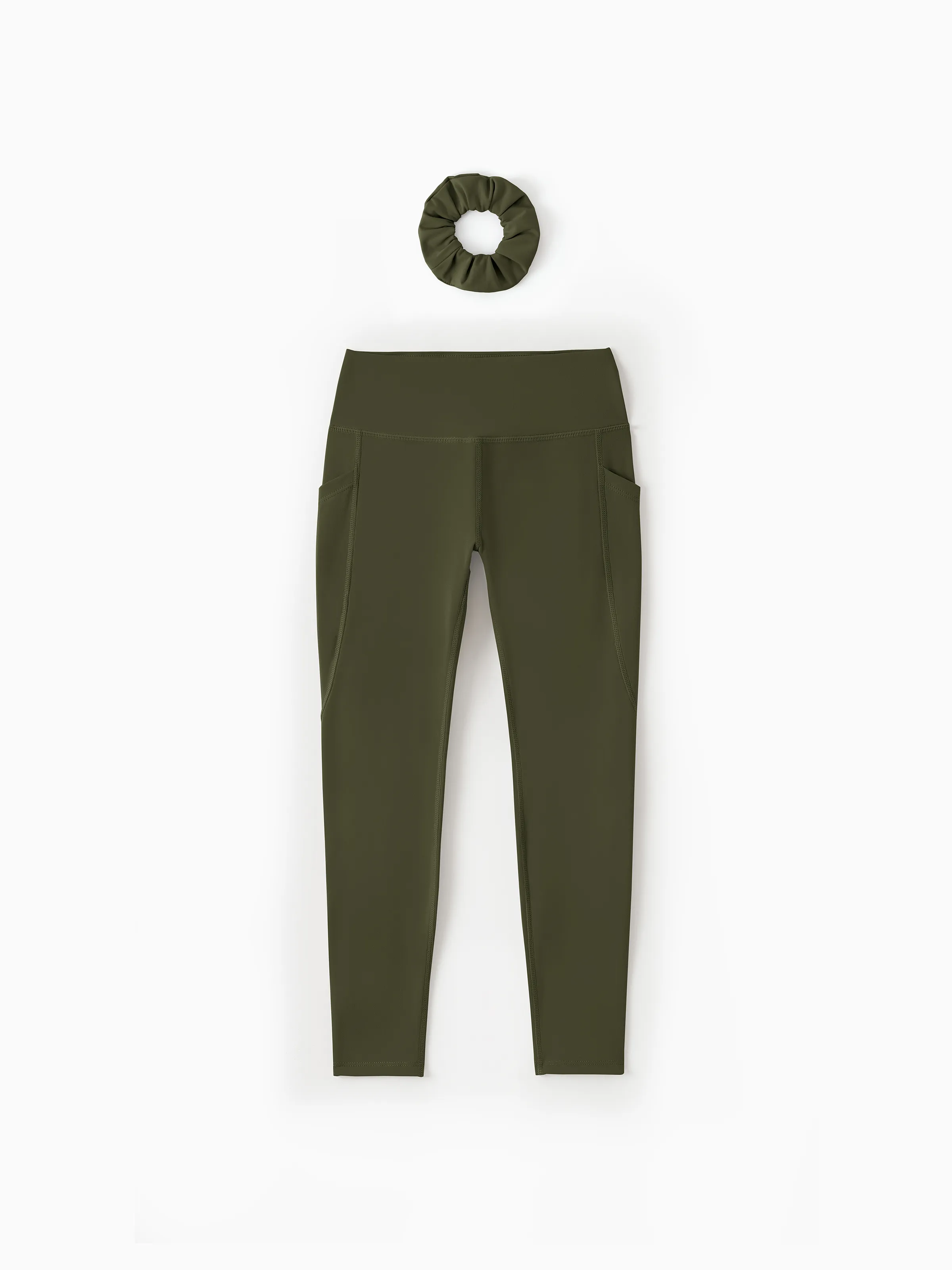 Girl's Leggings High-Waist Yoga Pants Solid Color Leggings with Complimentary Matching Scrunchie Army green - Image 9