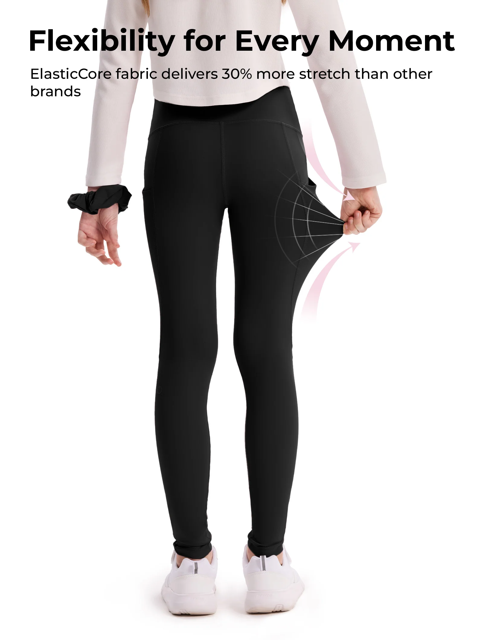 Girl's Leggings High-Waist Yoga Pants Solid Color Leggings with Complimentary Matching Scrunchie Black - Image 5