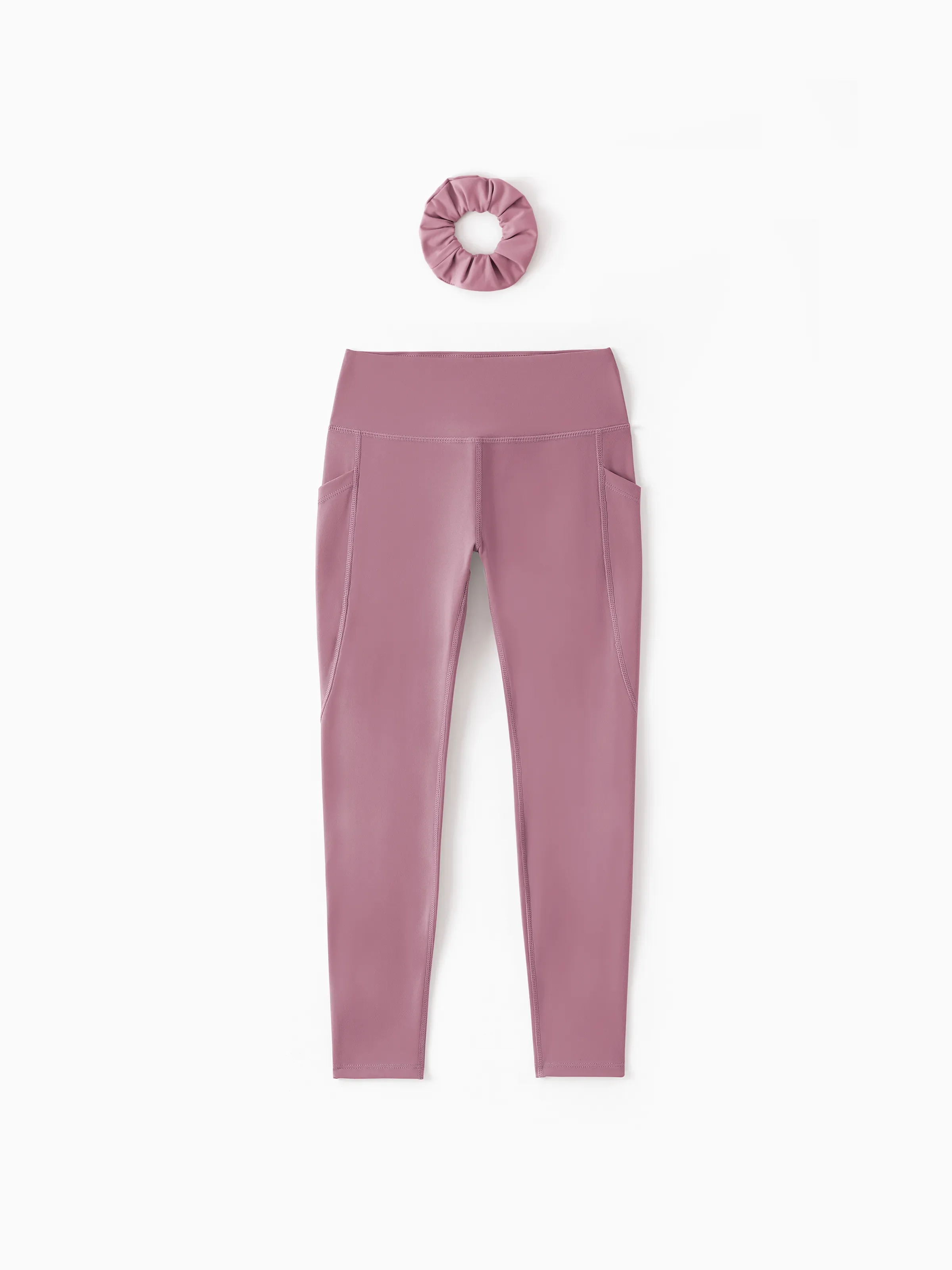 Girl's Leggings High-Waist Yoga Pants Solid Color Leggings with Complimentary Matching Scrunchie Purple - Image 12