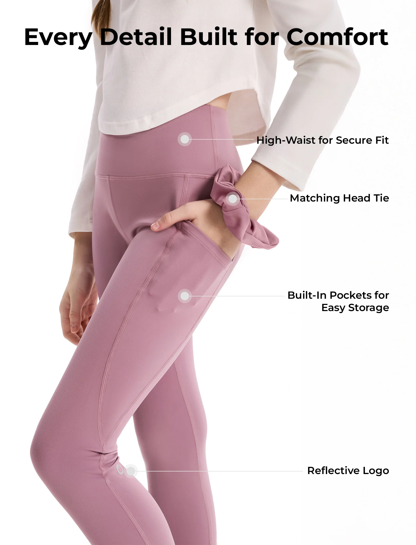 Girl's Leggings High-Waist Yoga Pants Solid Color Leggings with Complimentary Matching Scrunchie Purple - Image 6
