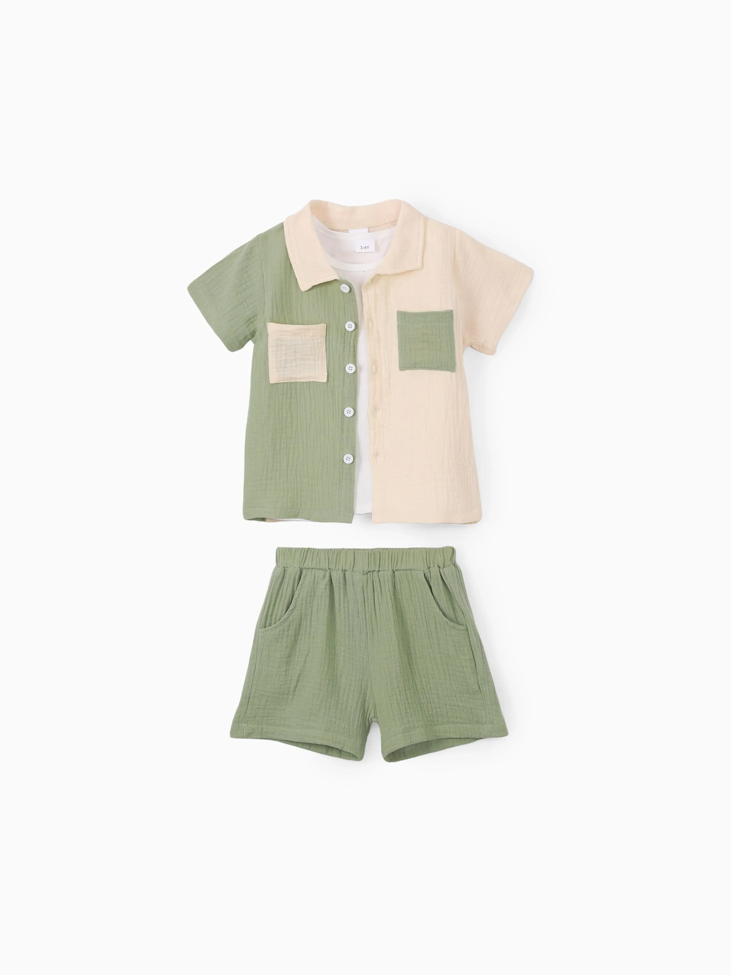 Toddler Boy 3pcs Textured Lapel Shirt and Solid Tee and Shorts Set Color block - Image 3
