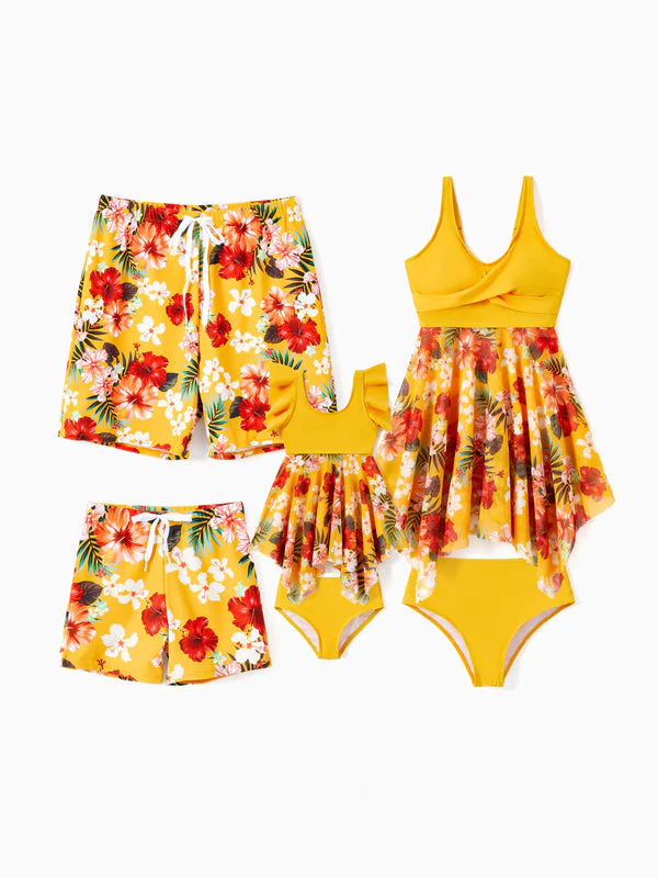 Toddler Boy Floral Drawstring Swim Trunks with Triangle Swim Bottom Yellow - Image 2