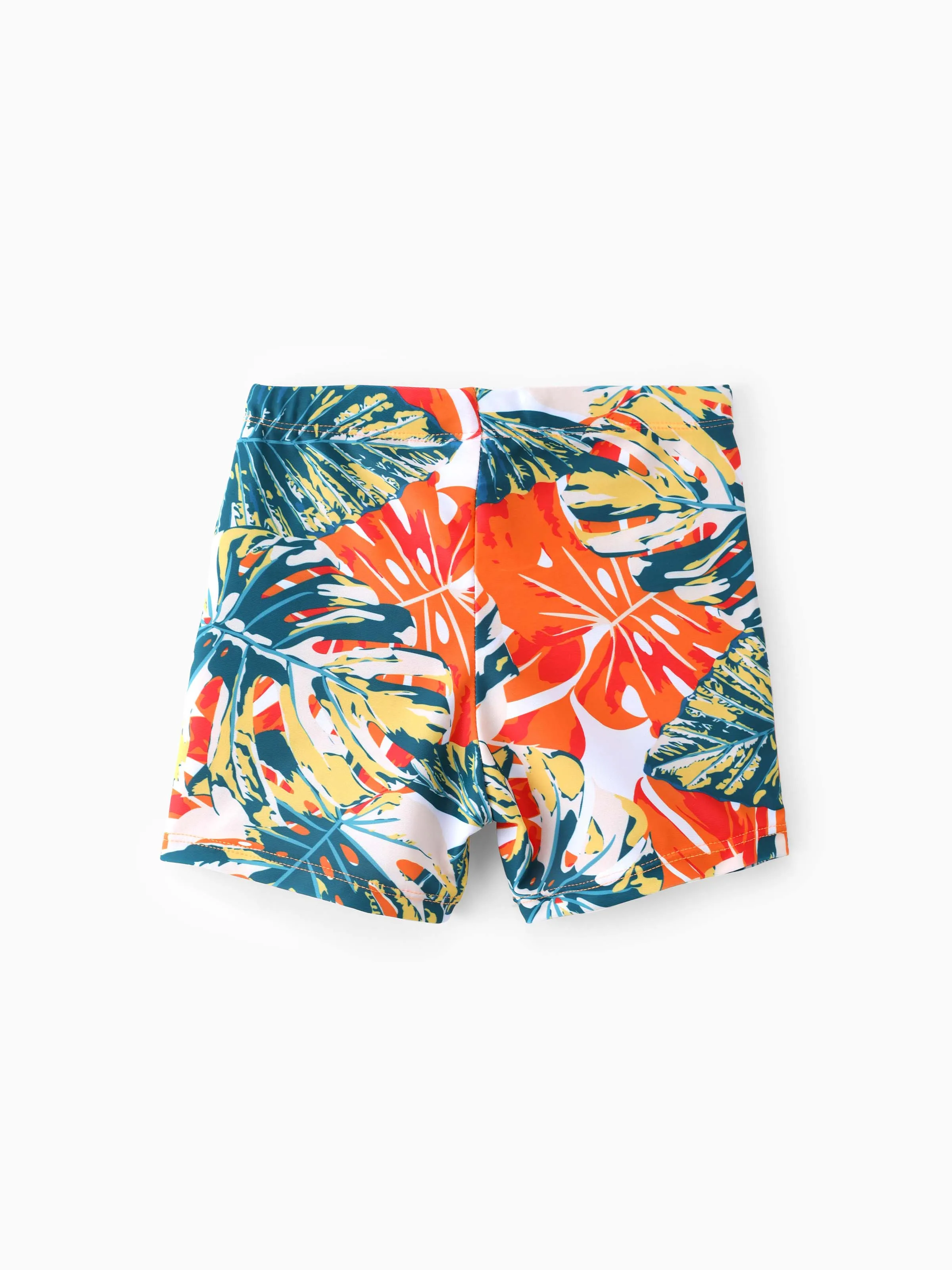 Toddler Boy Orange and All Over Tropical Plant Print Splicing Ruffle Swim Trunks Shorts Orange color - Image 3