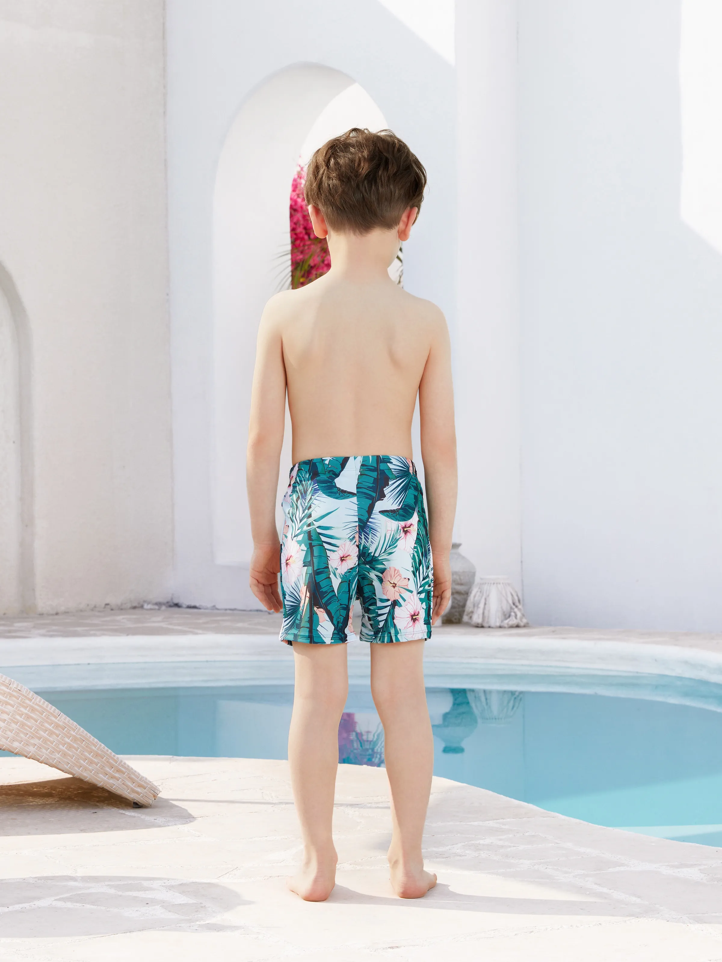Toddler Boy Plant Print Ruffle Trim Spliced One-piece Swimsuit or Swim Trunks Green - Image 3