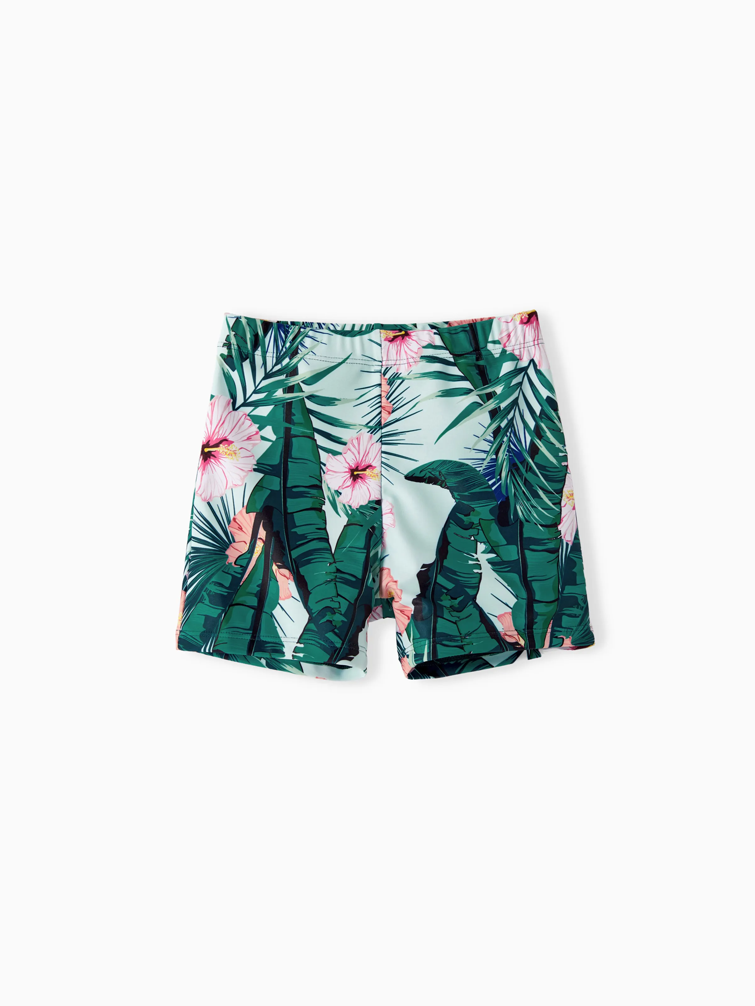 Toddler Boy Plant Print Ruffle Trim Spliced One-piece Swimsuit or Swim Trunks Green - Image 4