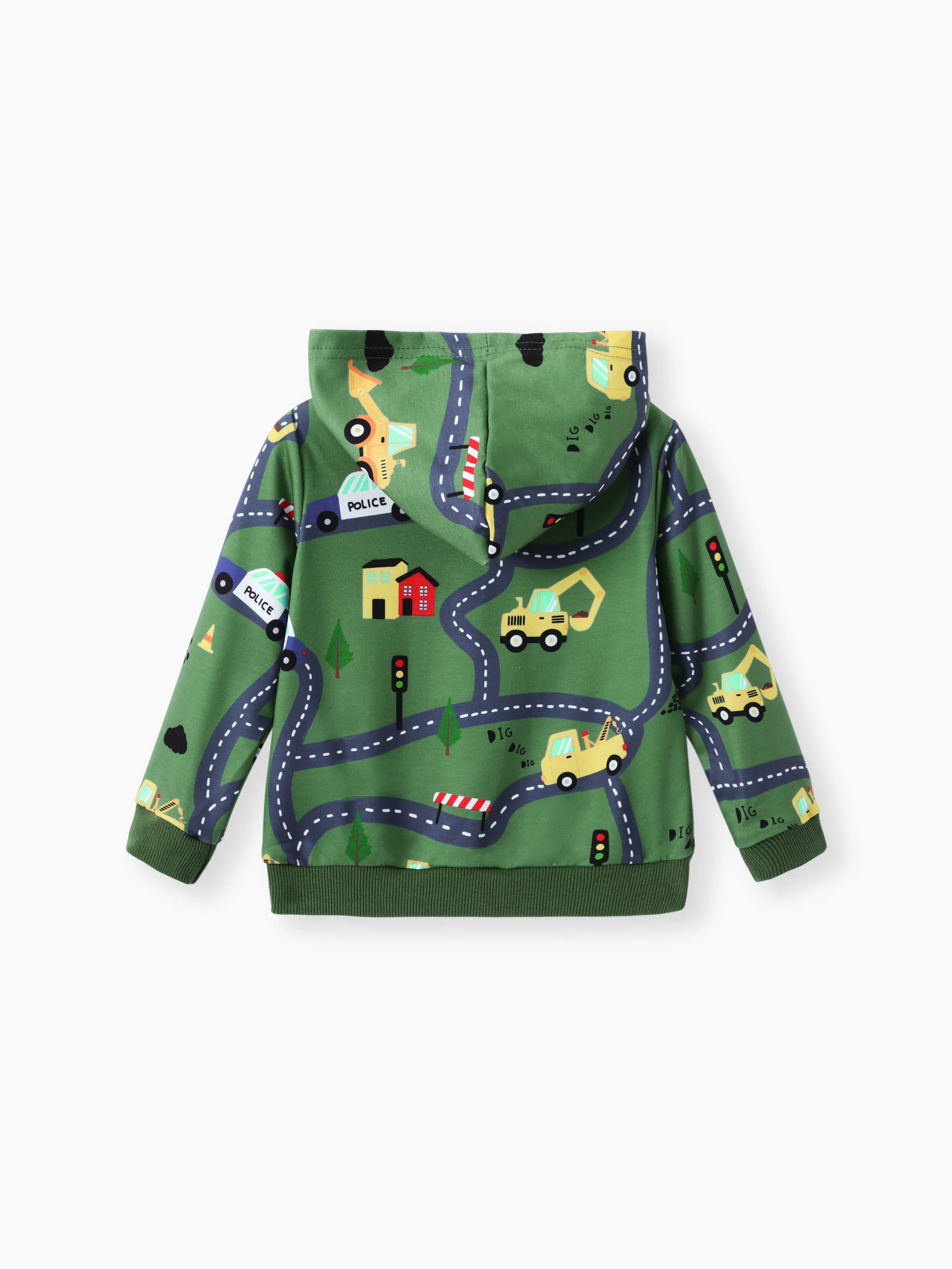 Toddler Boy Road Vehicle Print Hoodie Sweatshirt Dark Green - Image 2