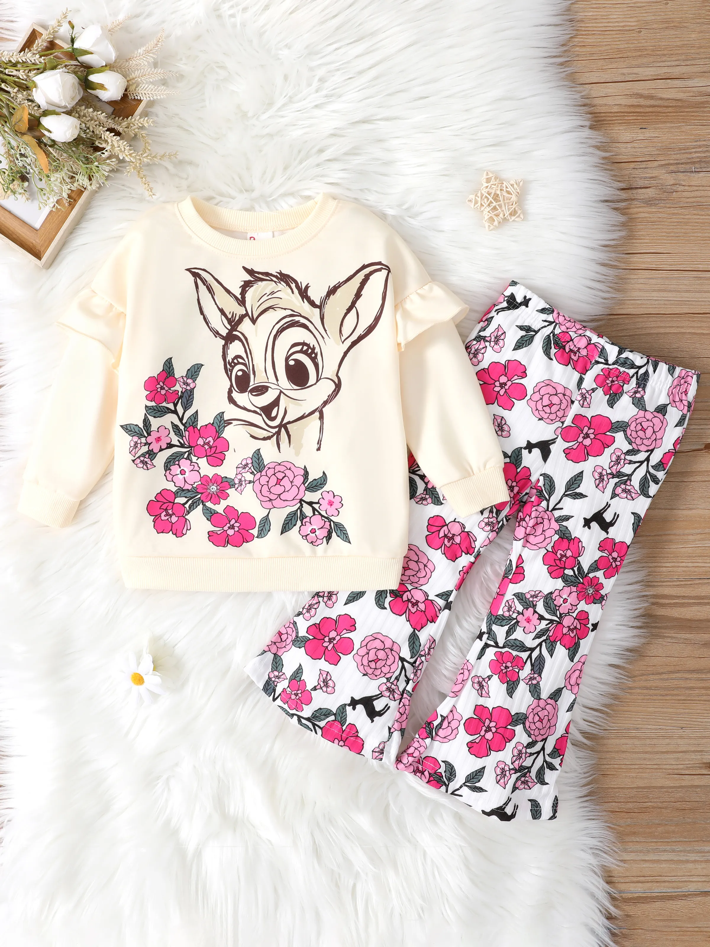 Toddler Girl 2pcs Dear Ruffled Sweatshirt and Floral Flared Pants Set Color block - Image 12