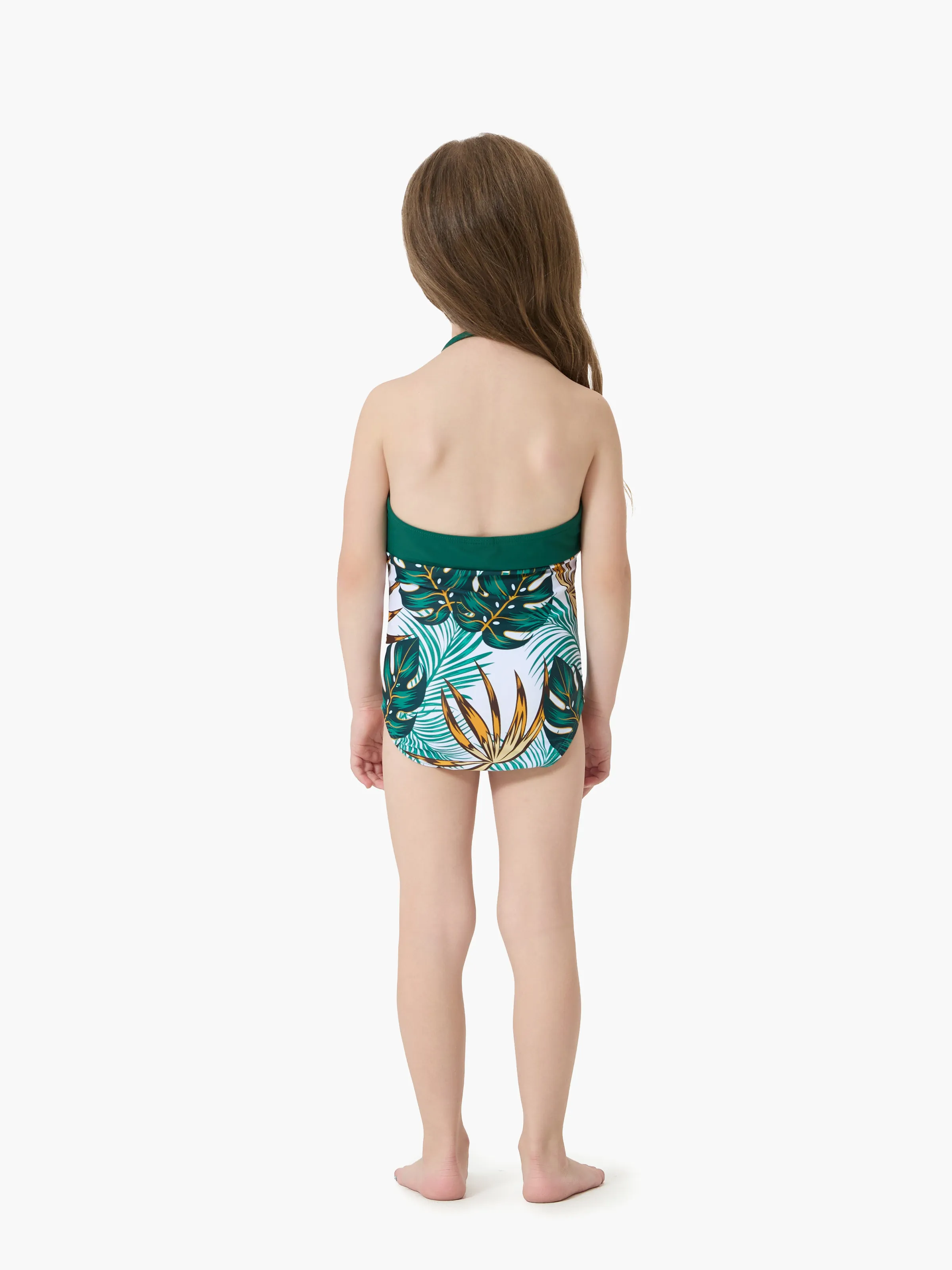 Toddler Girl Allover Plants Print Spaghetti Strap Splicing One-Piece Swimsuit Dark Green - Image 3