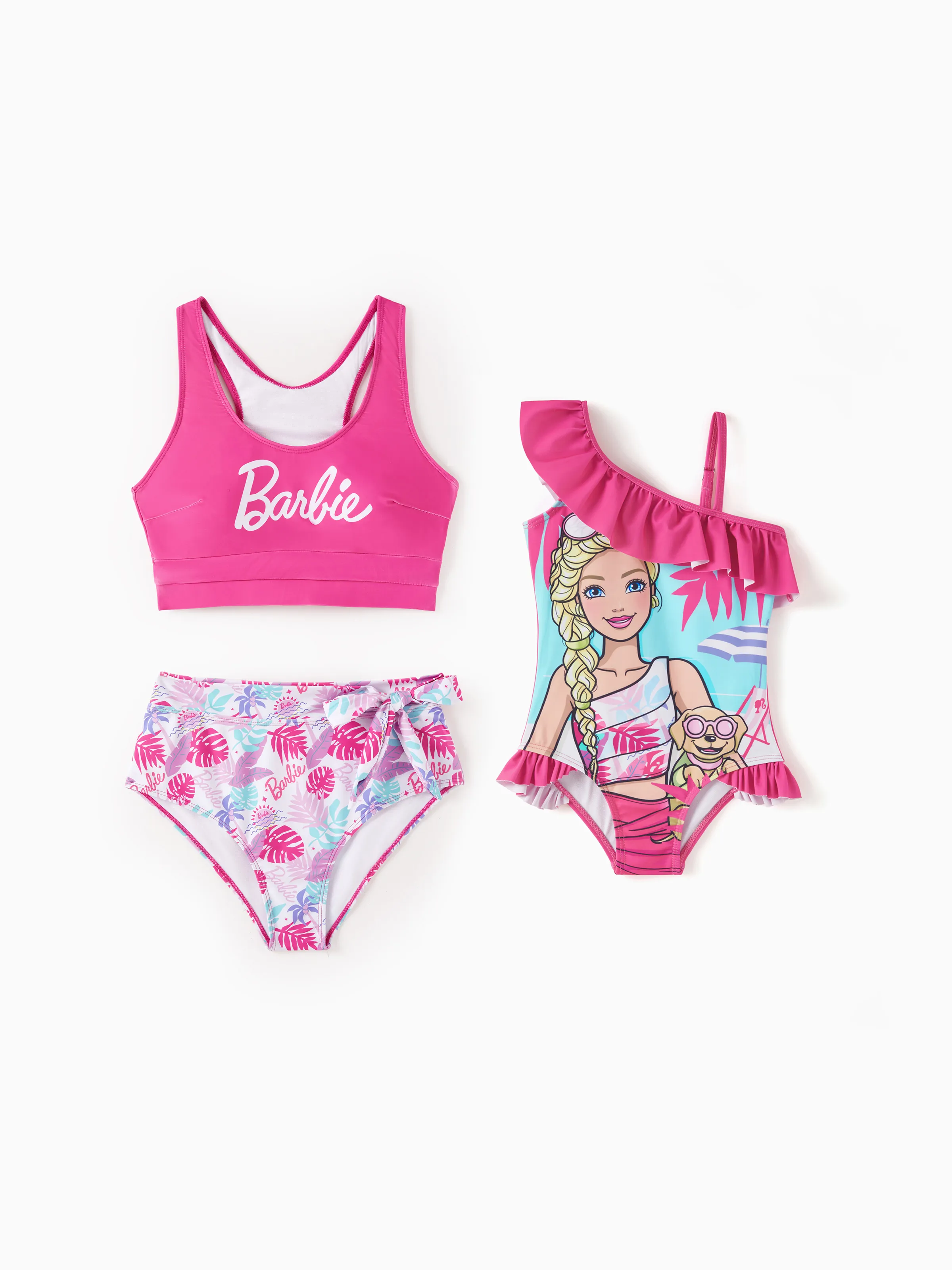 Toddler Girl Barbie Girls Ruffled Tropical Floral Print Swimsuit Hot Pink - Image 3
