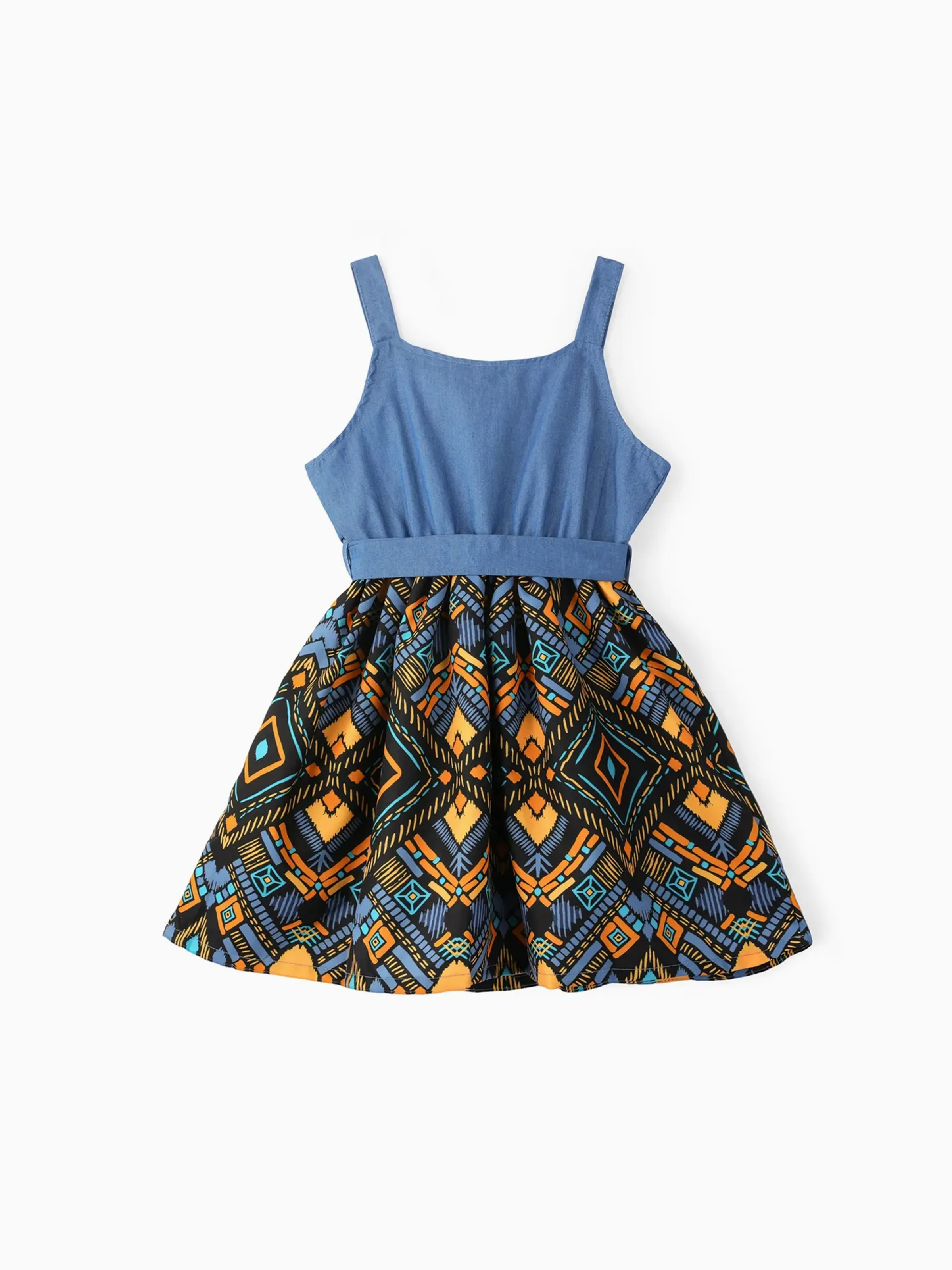 Toddler Girl Boho Exotic Graphic Splice Belted Slip Dress Light Blue - Image 2