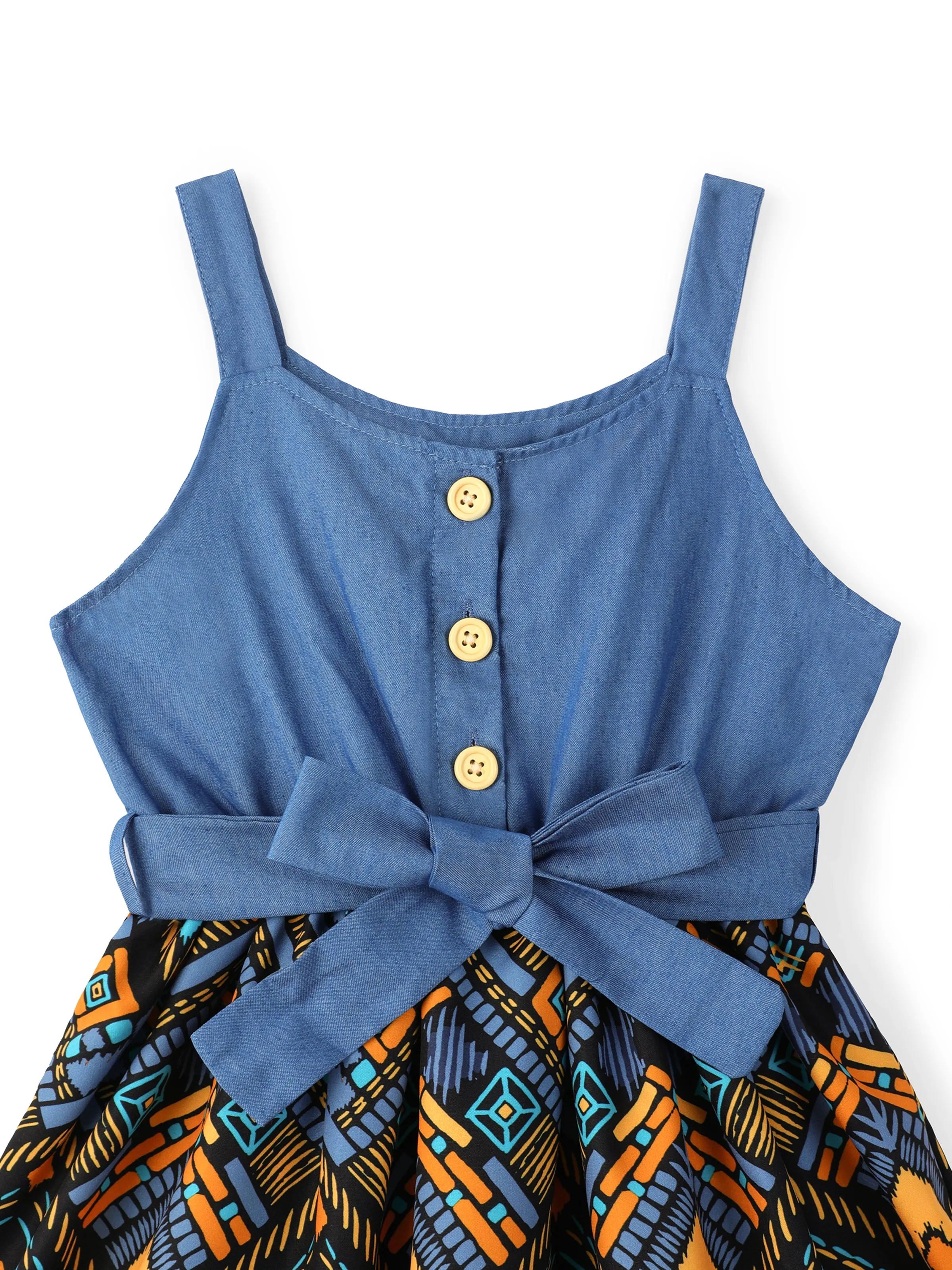 Toddler Girl Boho Exotic Graphic Splice Belted Slip Dress Light Blue - Image 3