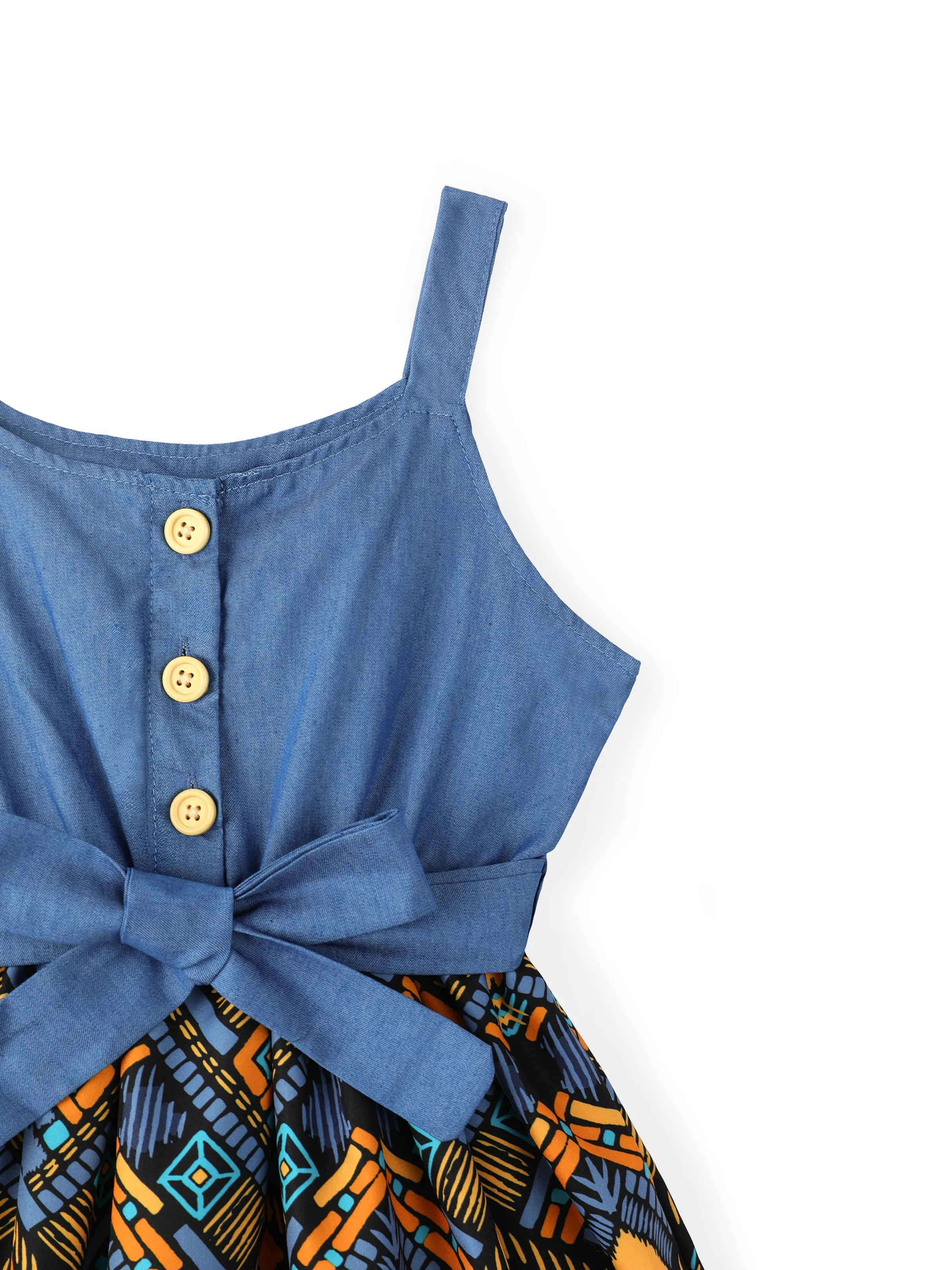 Toddler Girl Boho Exotic Graphic Splice Belted Slip Dress Light Blue - Image 4