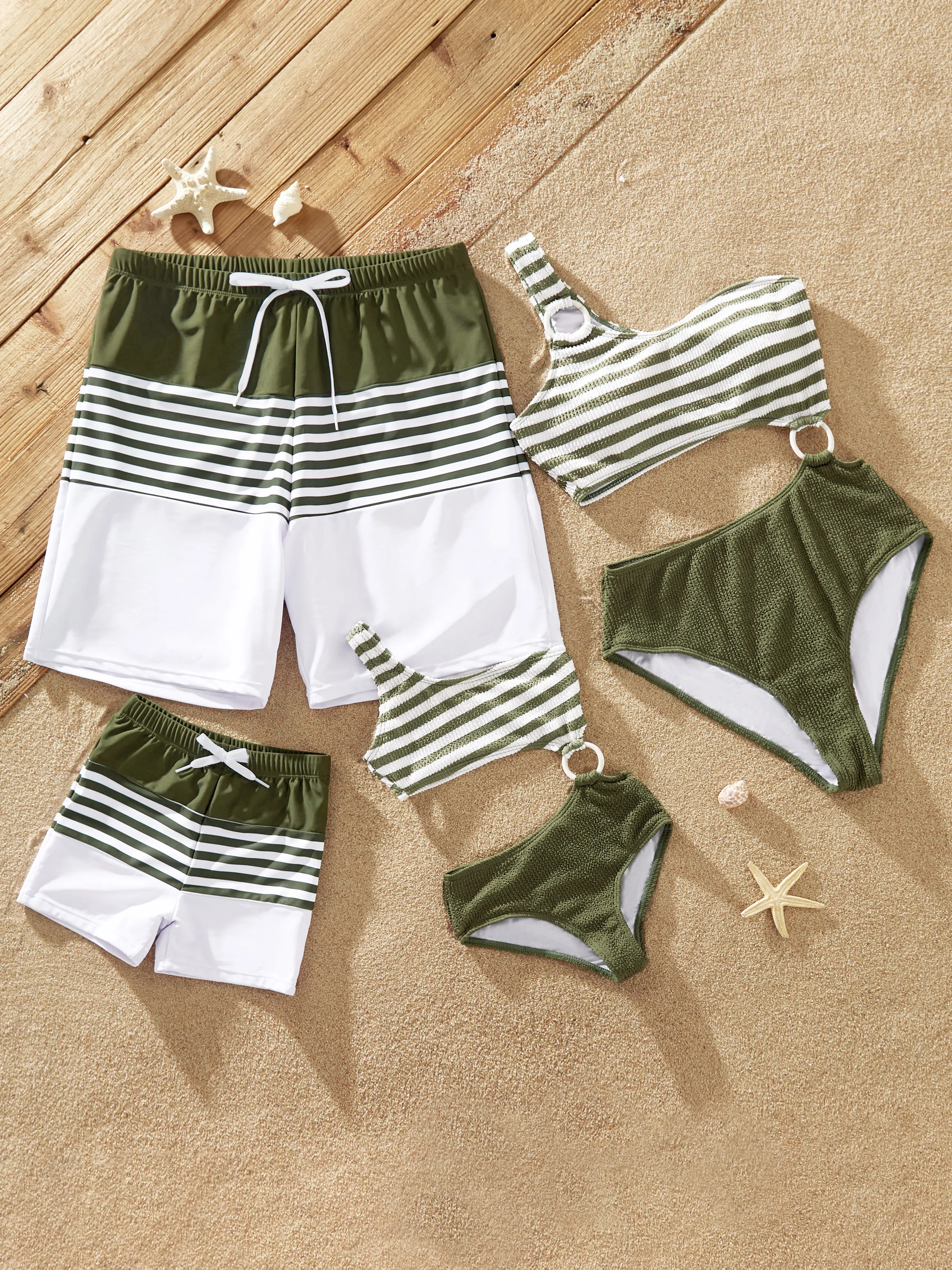 Toddler Girl Colorblock Stripe One Piece One Shoulder Swimsuit Army green - Image 2