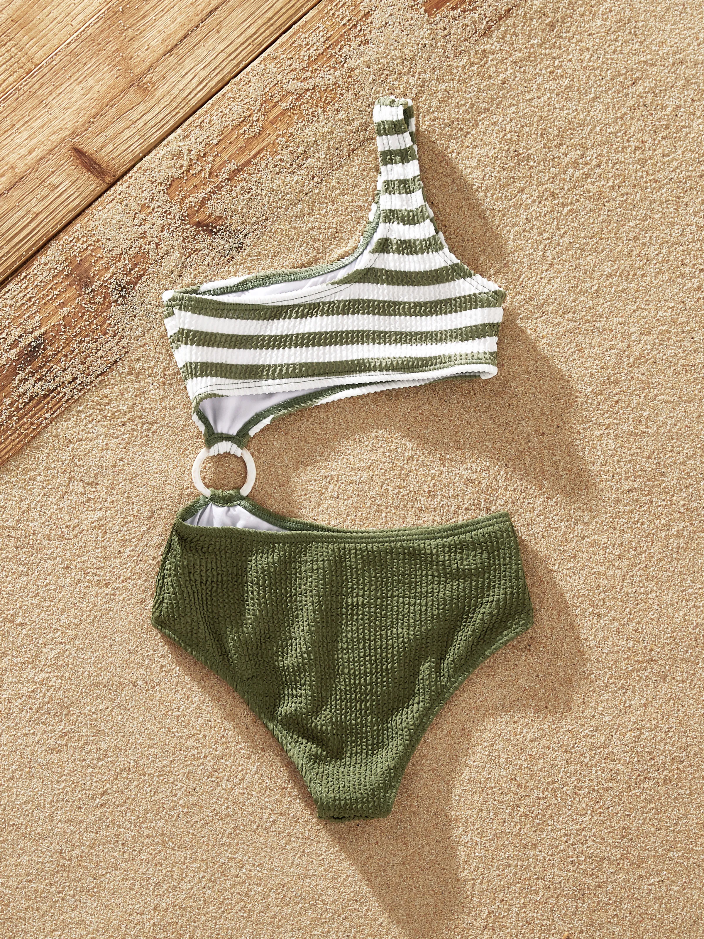 Toddler Girl Colorblock Stripe One Piece One Shoulder Swimsuit Army green - Image 3