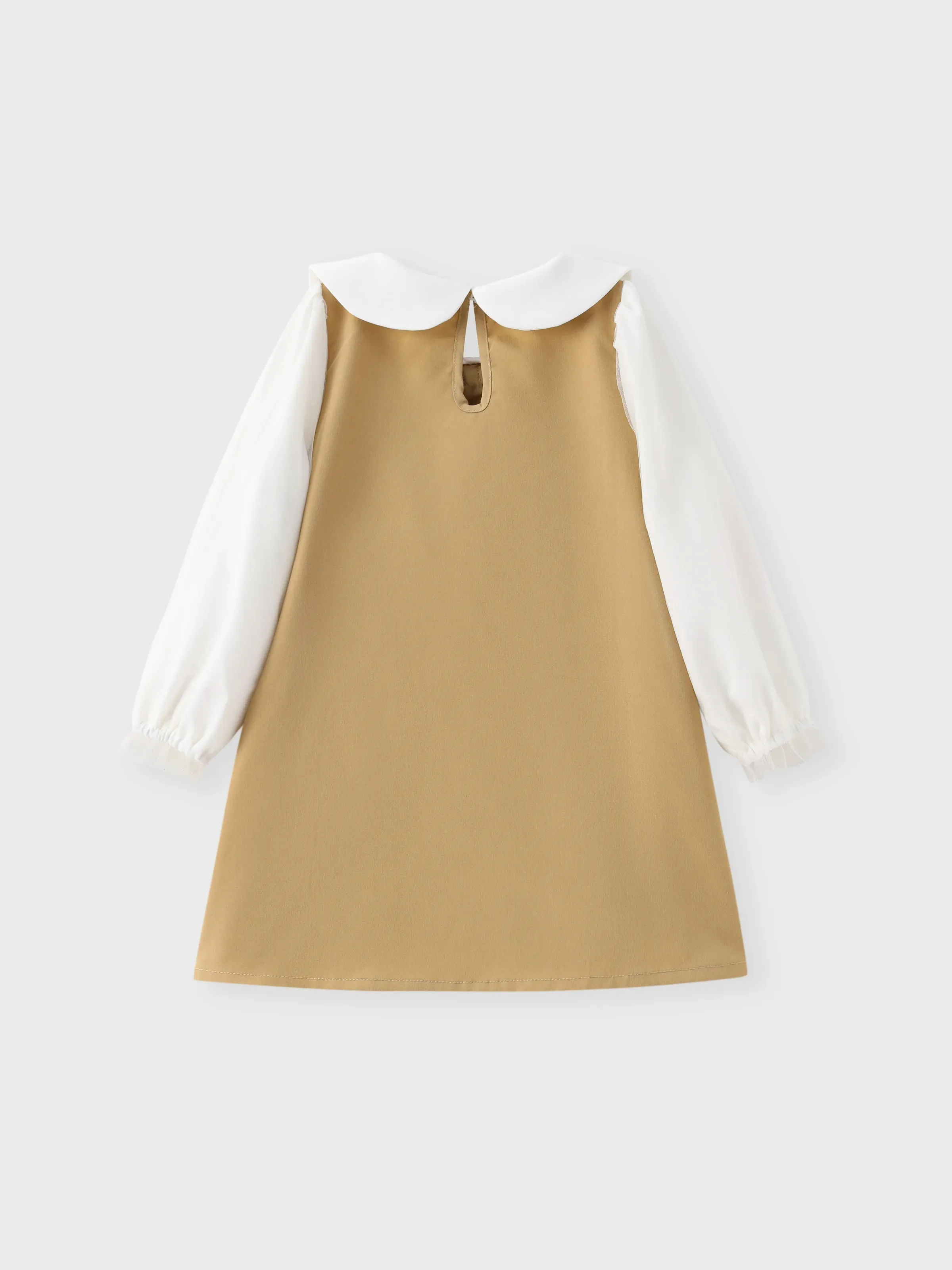 Toddler Girl Doll Collar Bowknot Design Mesh Long-sleeve Khaki Dress Khaki - Image 2