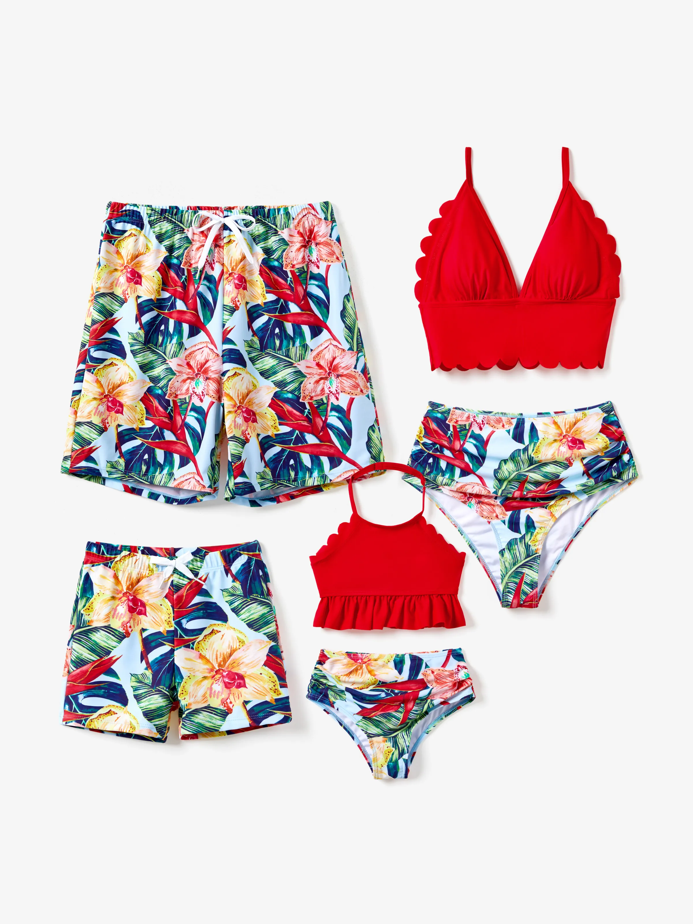 Toddler Girl Floral Drawstring Ruched Shell Edge Bikini Red - Image 2