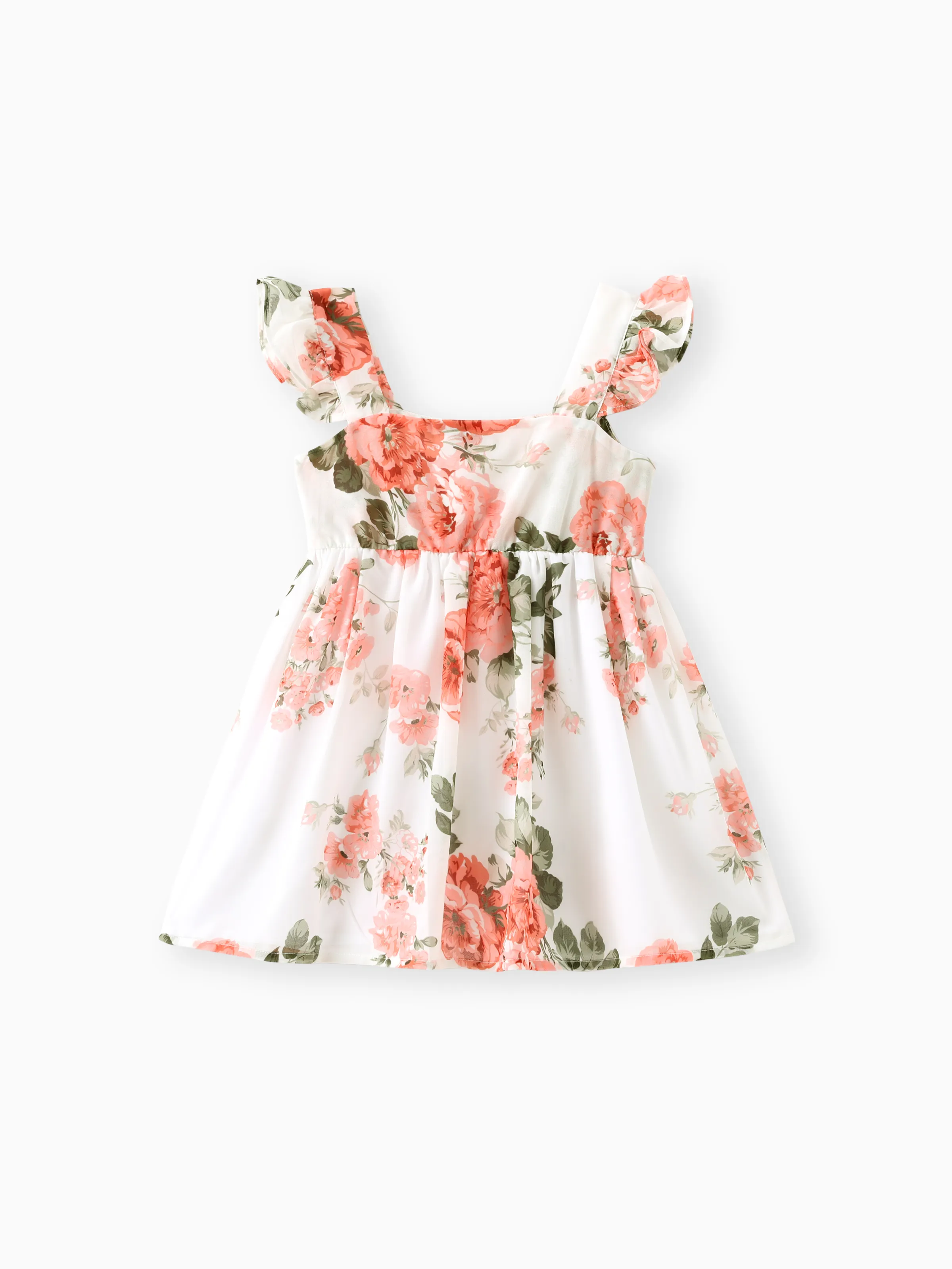 Toddler Girl Floral Print Square Neck Ruffled Bowknot Design Sleeveless Strap Dress Pink - Image 2