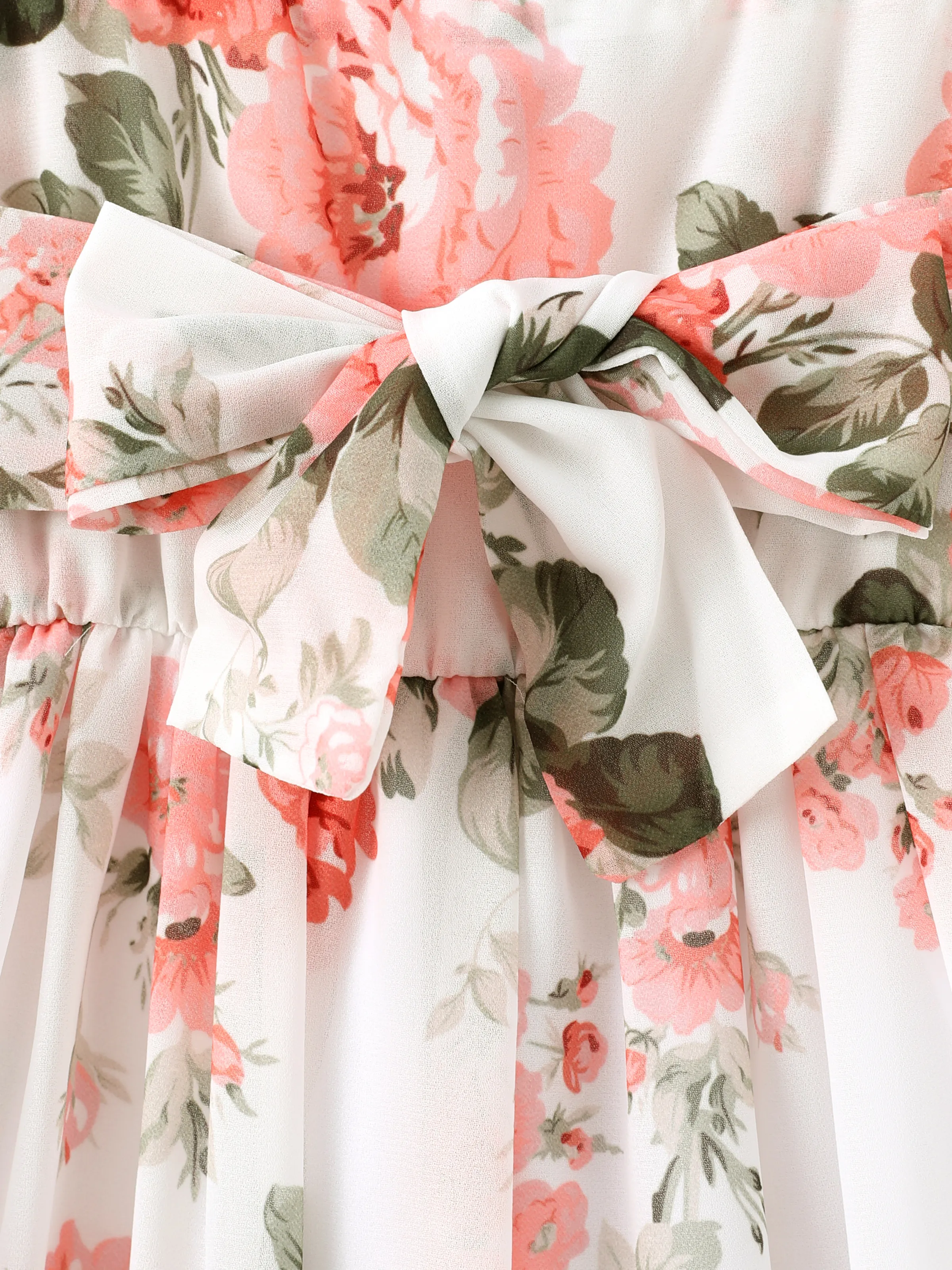 Toddler Girl Floral Print Square Neck Ruffled Bowknot Design Sleeveless Strap Dress Pink - Image 5