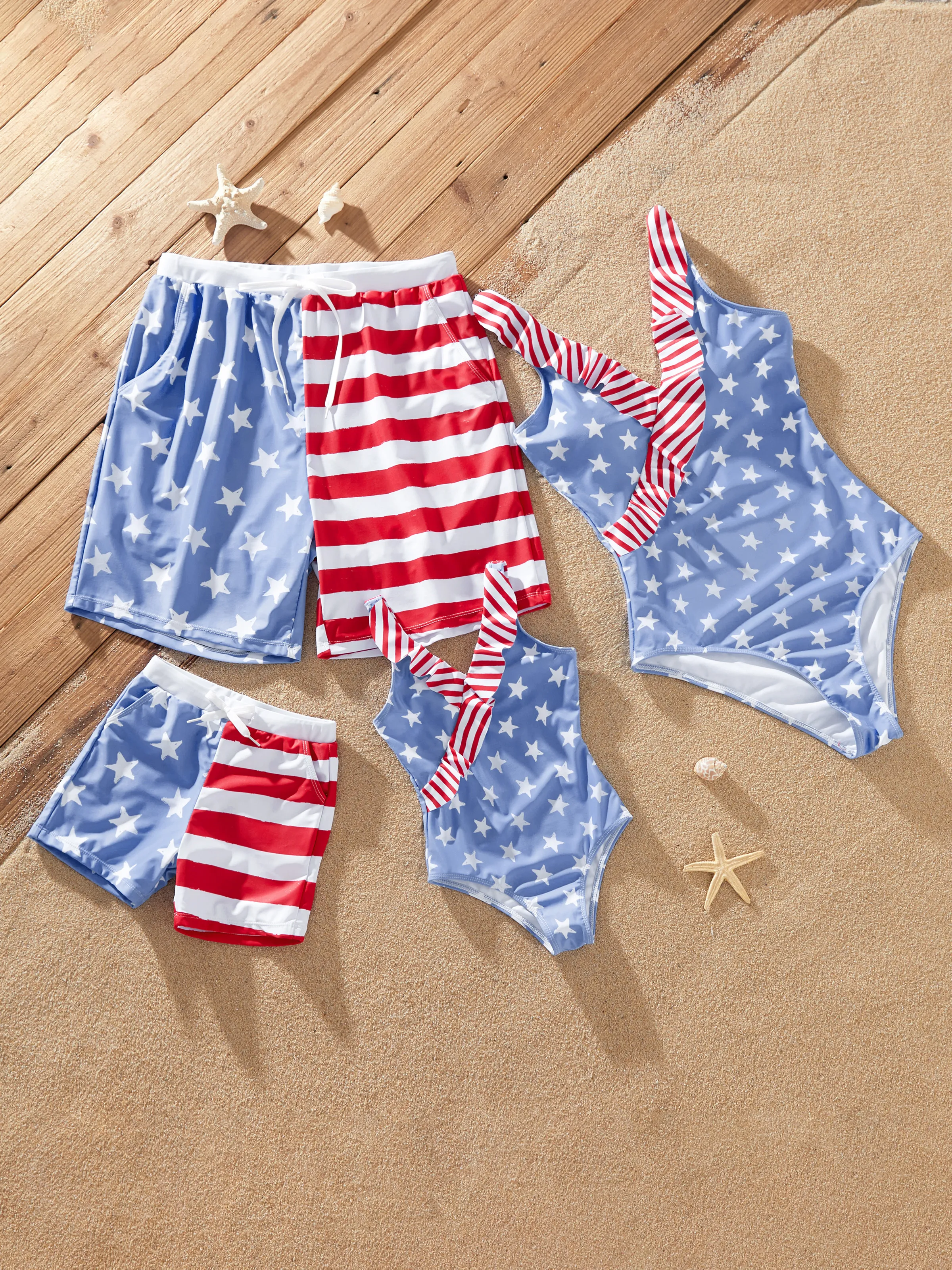 Toddler Girl Independence Day 4th of July Patriotic Swimwear Stars Stripes Ruffled Layers V-neck One-Piece Swimsuits Blue - Image 2