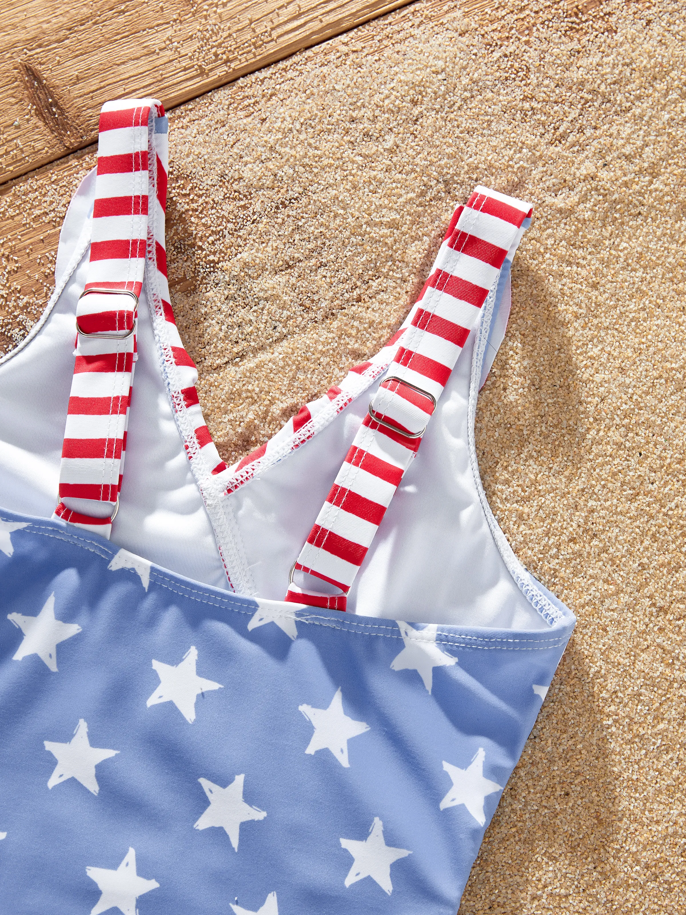 Toddler Girl Independence Day 4th of July Patriotic Swimwear Stars Stripes Ruffled Layers V-neck One-Piece Swimsuits Blue - Image 5