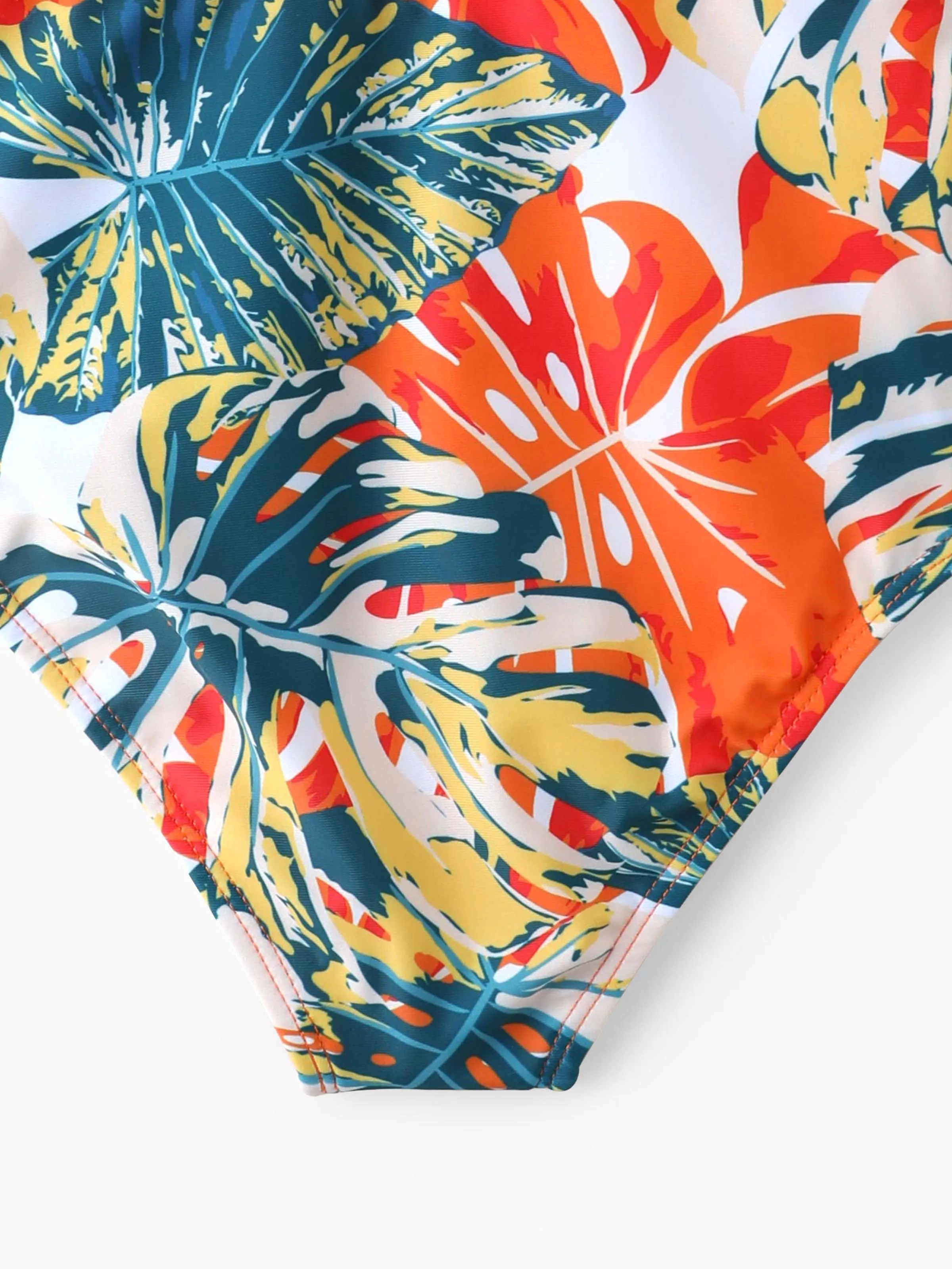 Toddler Girl Orange and All Over Tropical Plant Print Splicing Ruffle One-Piece Swimsuit Orange color - Image 5