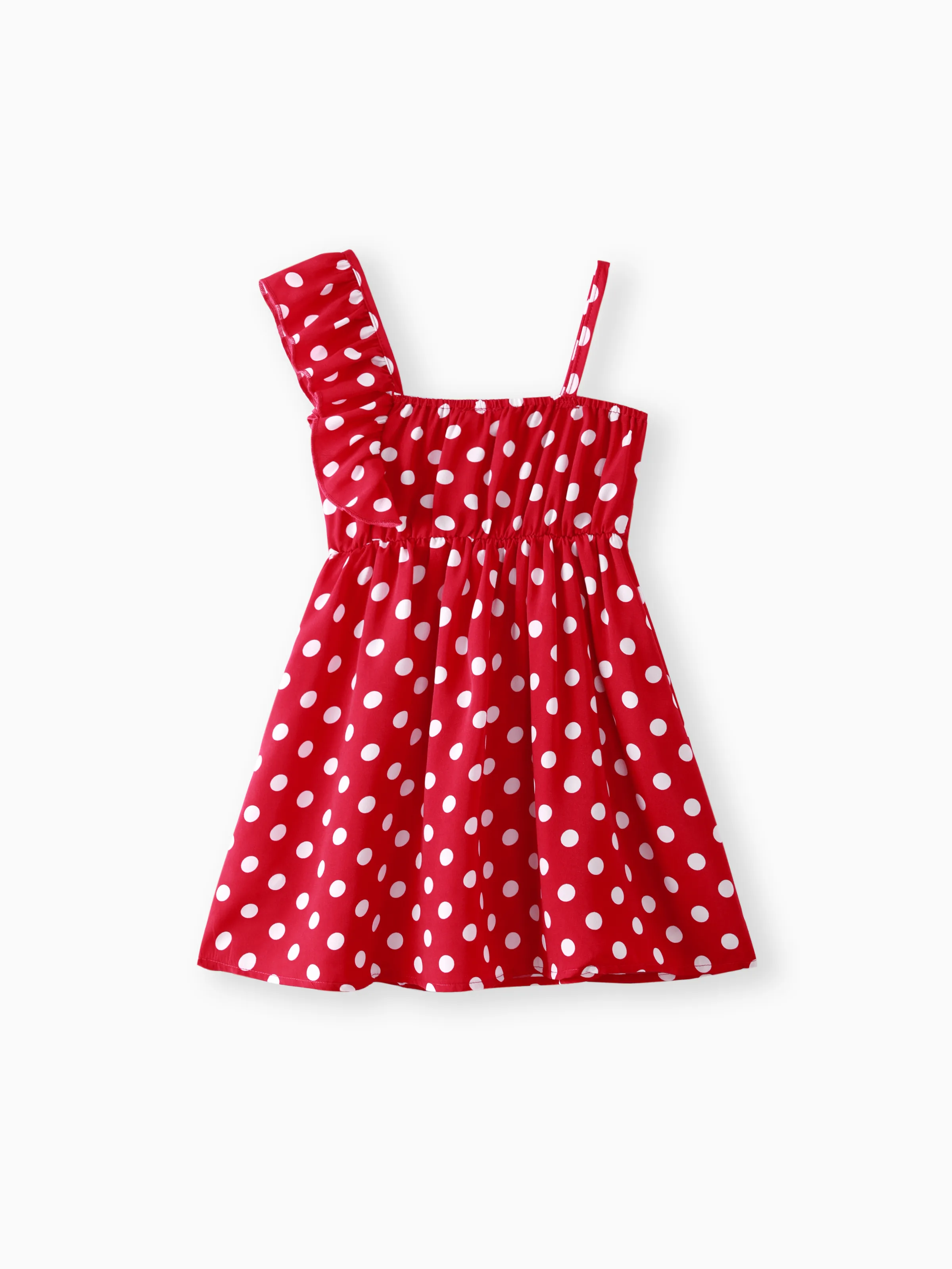 Toddler Girl Polka dots One Shoulder Ruffled Cami Dress Red - Image 6