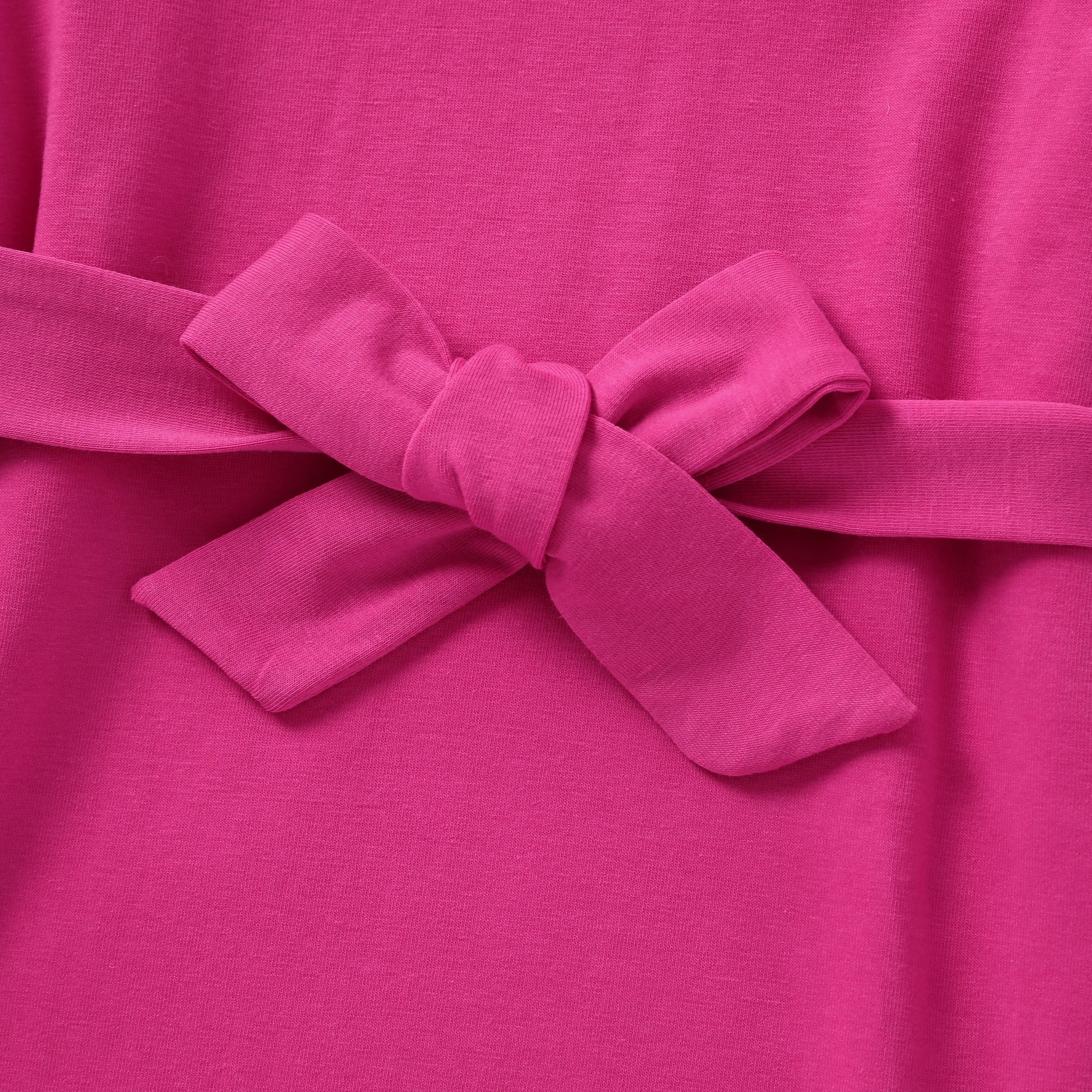 Toddler Girl Solid Curved Hem Short-sleeve Belted Dress Hot Pink - Image 3