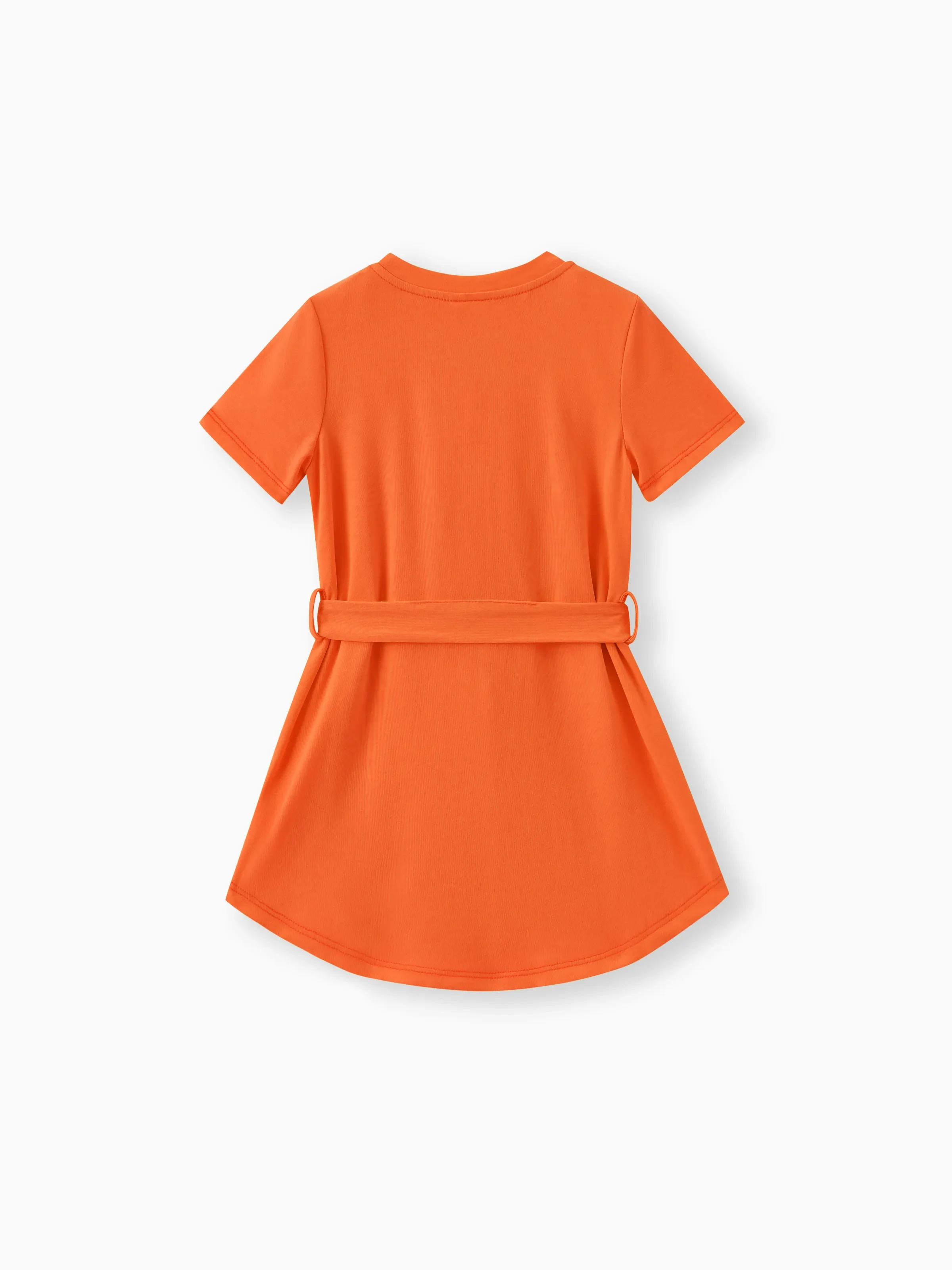 Toddler Girl Solid Curved Hem Short-sleeve Belted Dress Orange color - Image 2