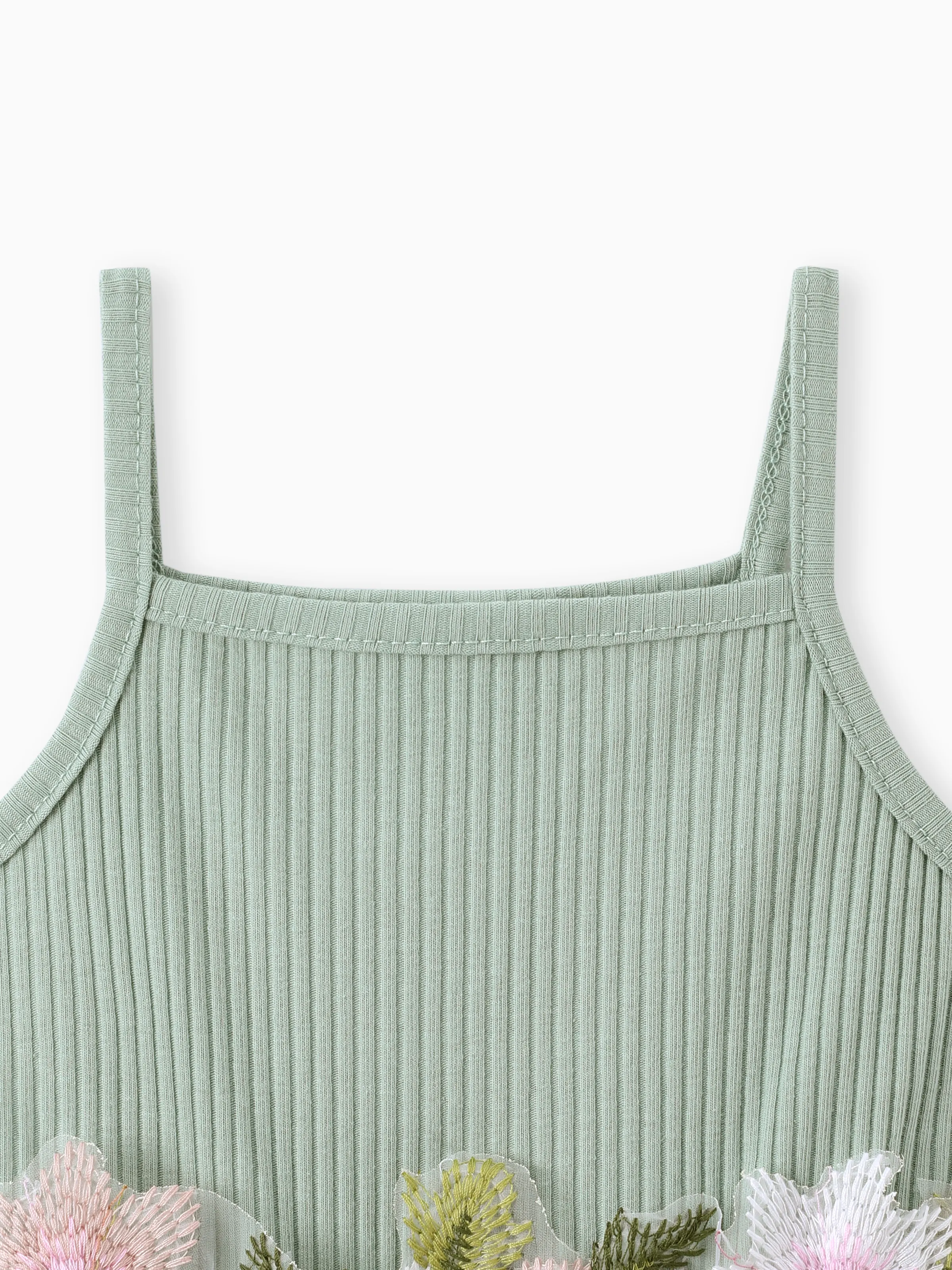 Toddler Girl Sweet Floral Decor Ribbed Panel Mesh Overlay Fairy Dress Green - Image 3