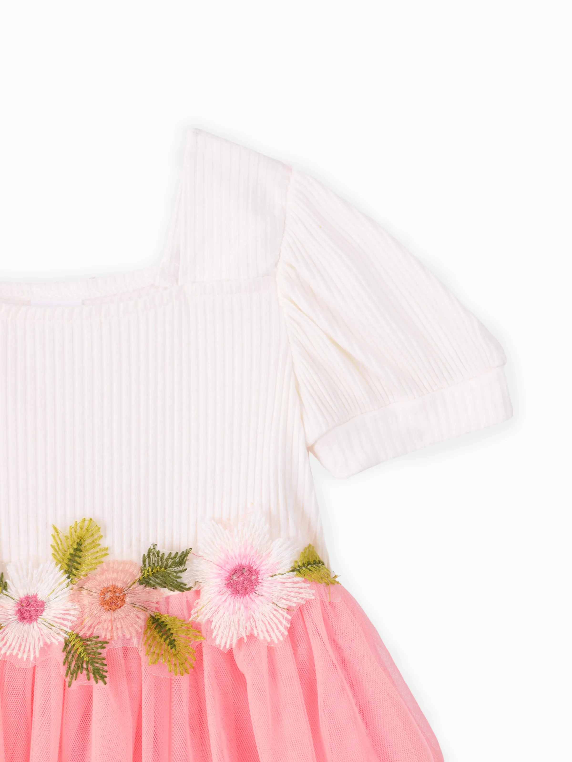 Toddler Girl Sweet Floral Design Mesh Splice Puff-sleeve Dress PinkyWhite - Image 3