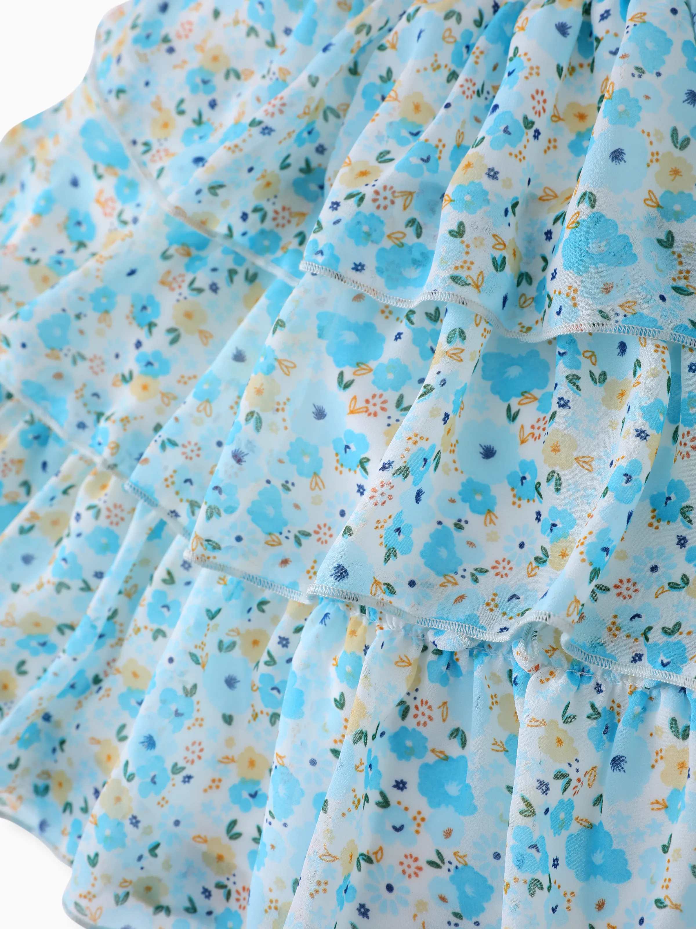 Toddler Girl Sweet Floral Print Smocked Ruffled Sleeveless Dress Blue - Image 2