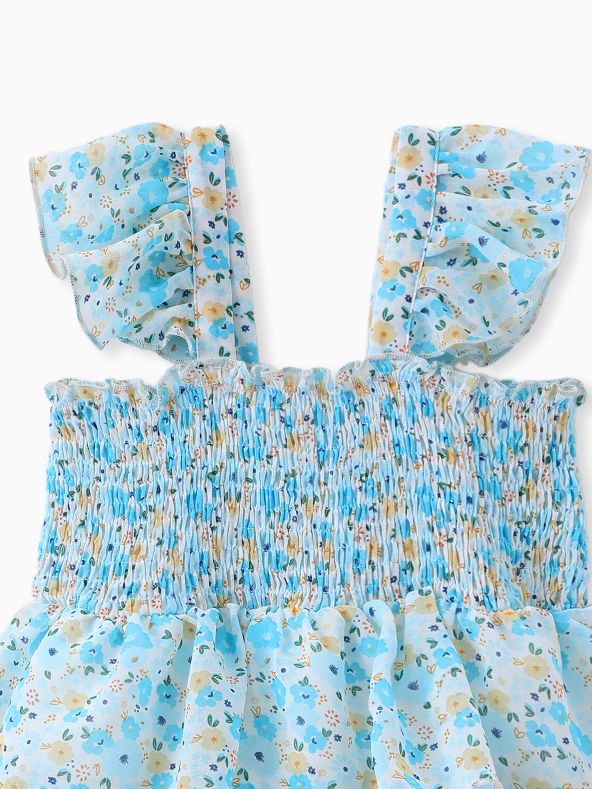 Toddler Girl Sweet Floral Print Smocked Ruffled Sleeveless Dress Blue - Image 4