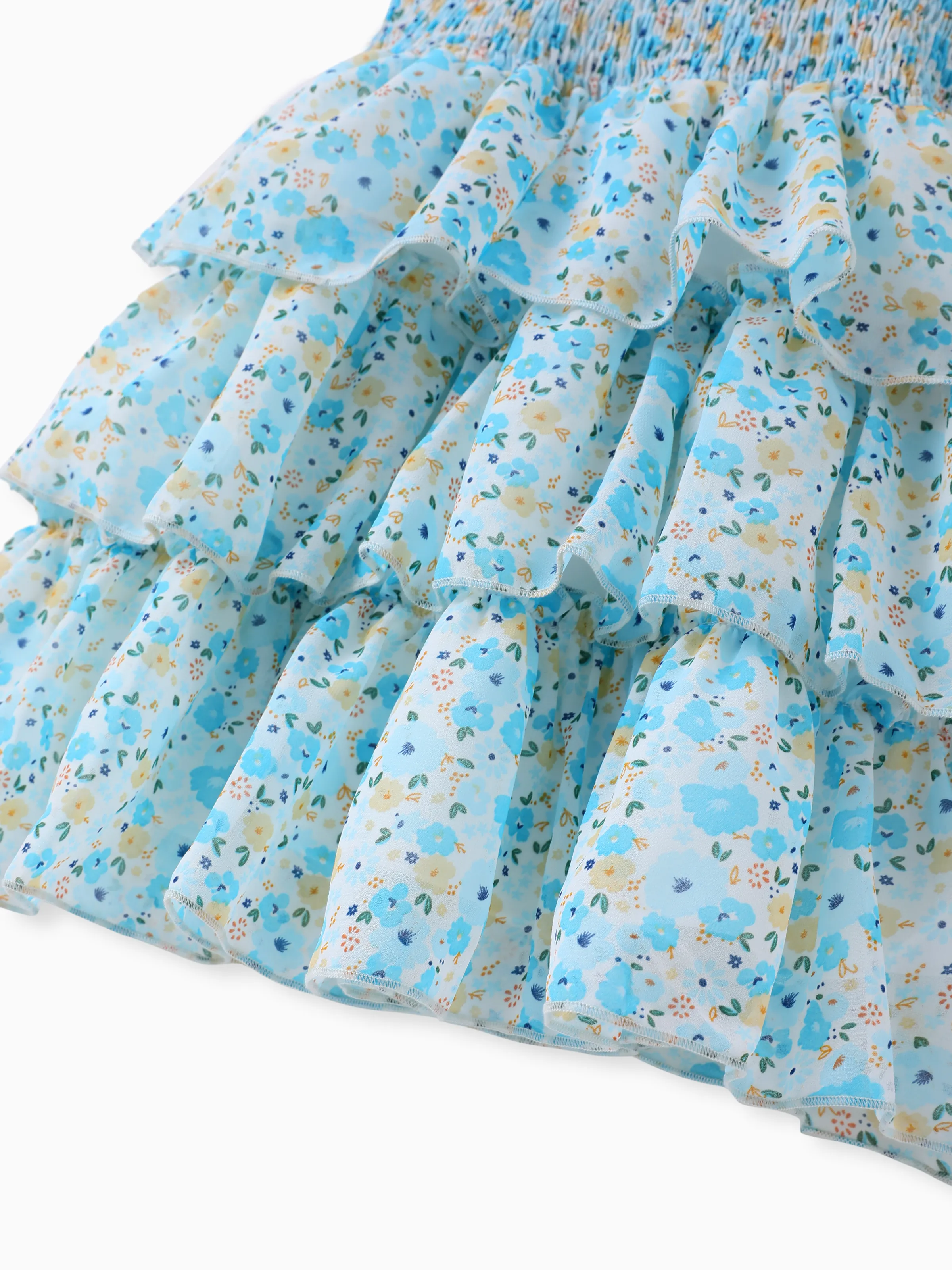 Toddler Girl Sweet Floral Print Smocked Ruffled Sleeveless Dress Blue - Image 5