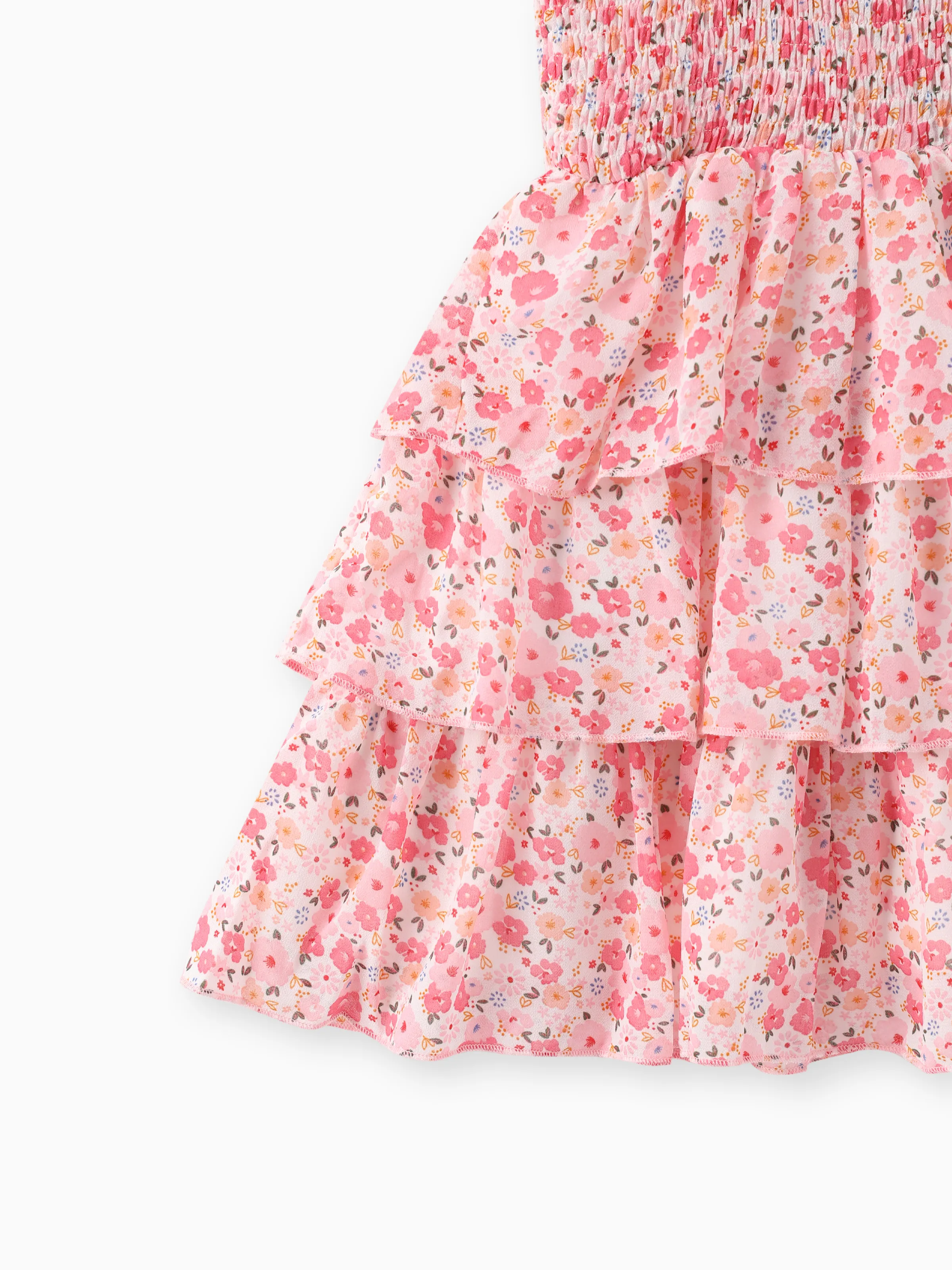 Toddler Girl Sweet Floral Print Smocked Ruffled Sleeveless Dress Pink - Image 4