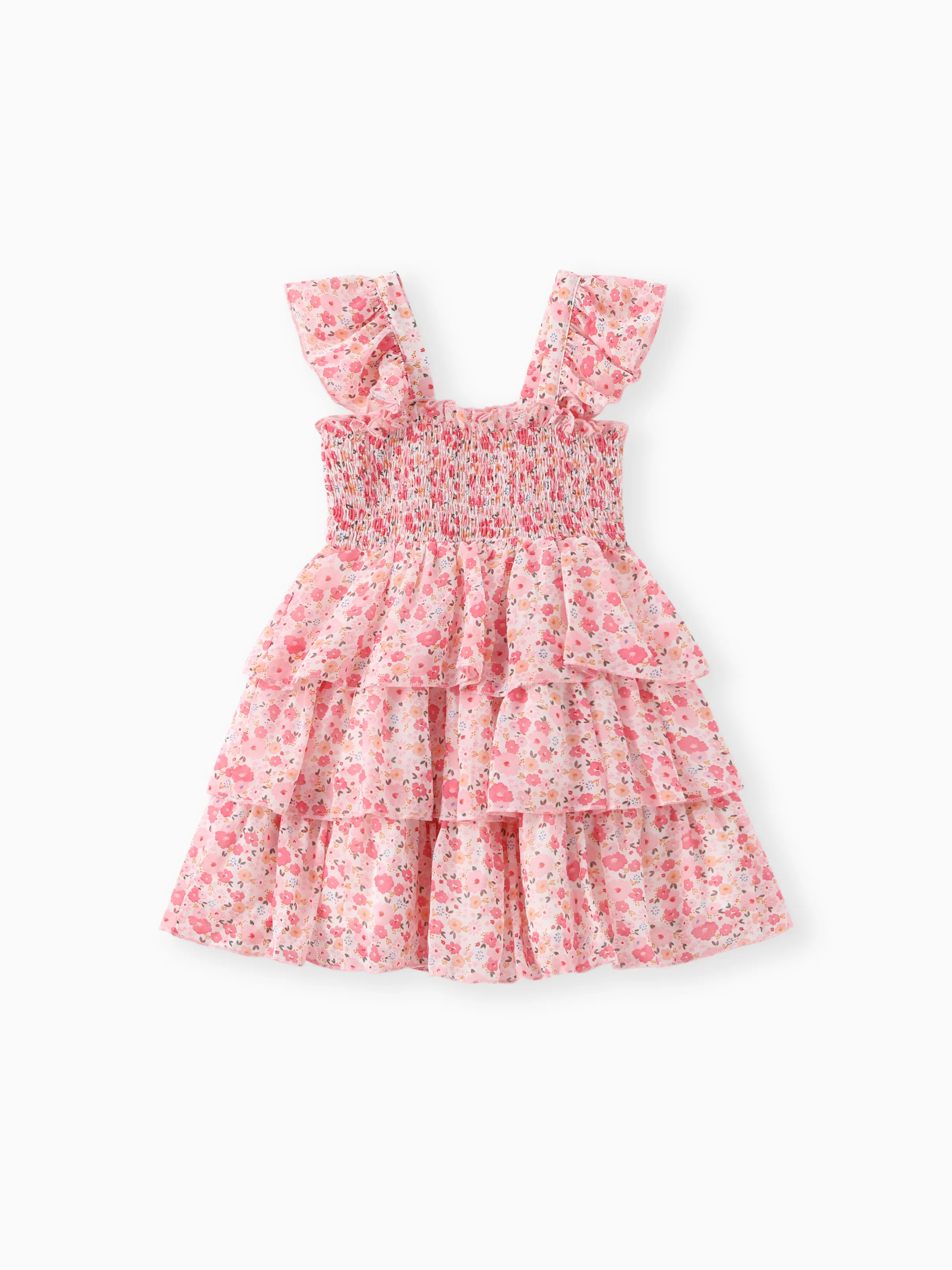 Toddler Girl Sweet Floral Print Smocked Ruffled Sleeveless Dress Pink - Image 5