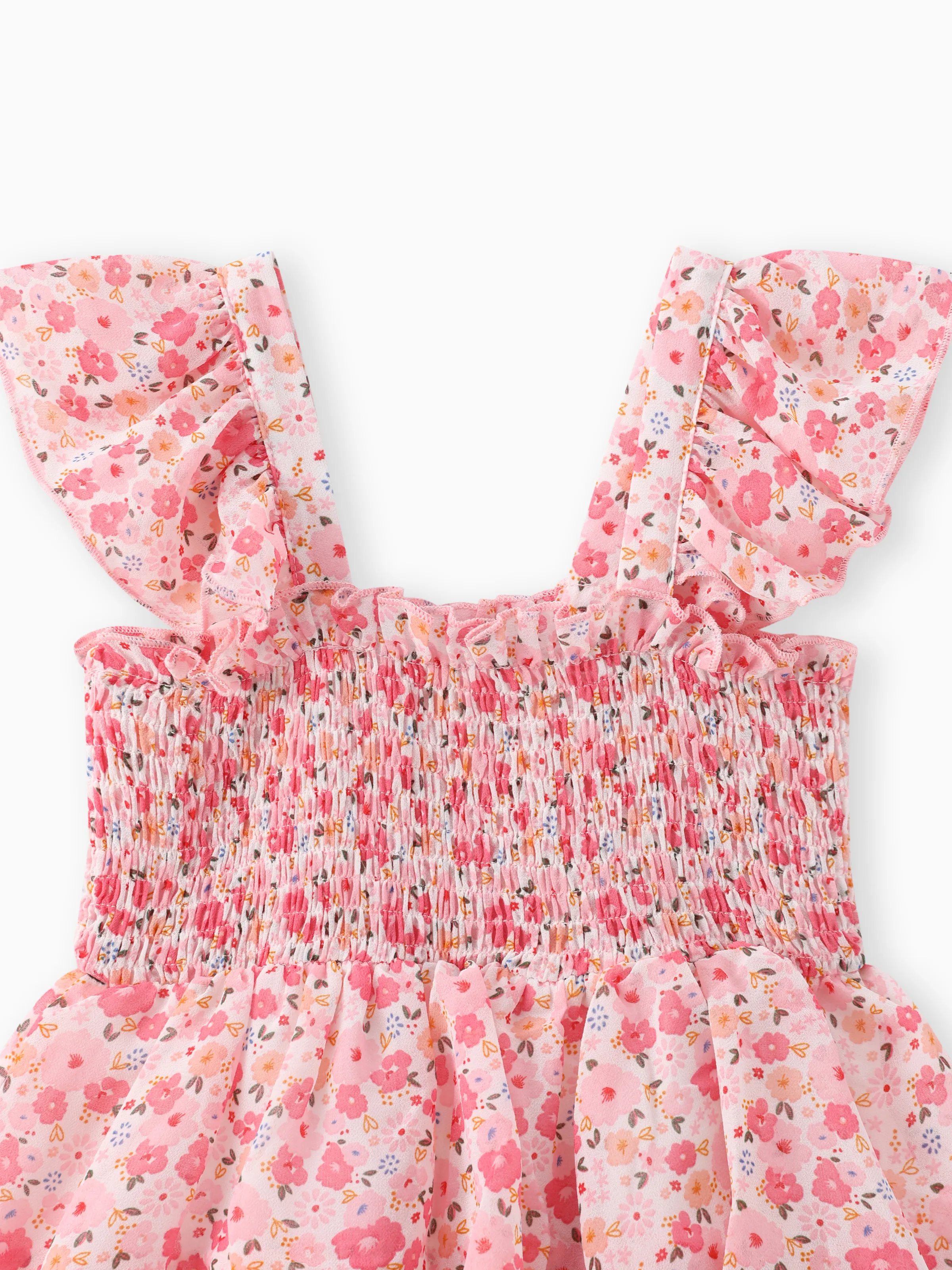 Toddler Girl Sweet Floral Print Smocked Ruffled Sleeveless Dress Pink - Image 7