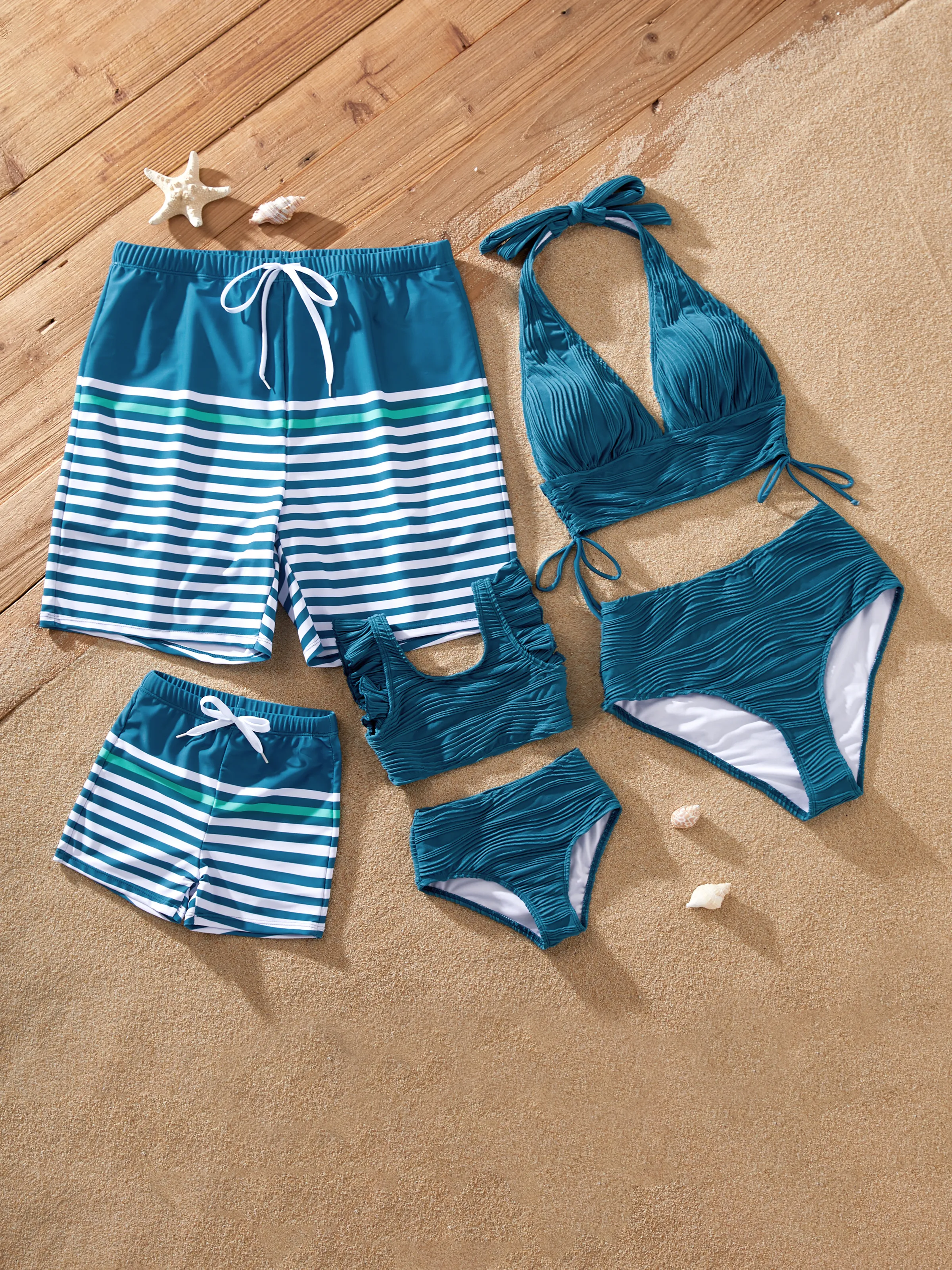 Toddler Girl Teal Striped Swimsuits Ruched Bikini Multi-color - Image 2