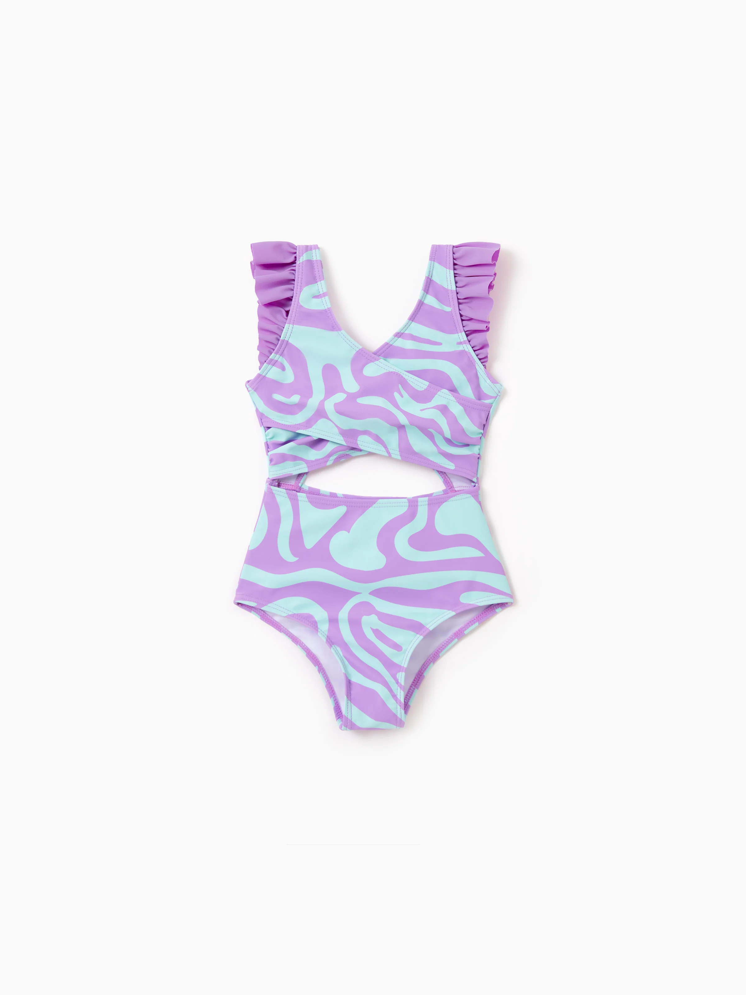 Family Matching Trendy Purple & Blue Wave Print Swim Trunks or Midriff Cutout One-Piece Swimsuit Purple - Image 7